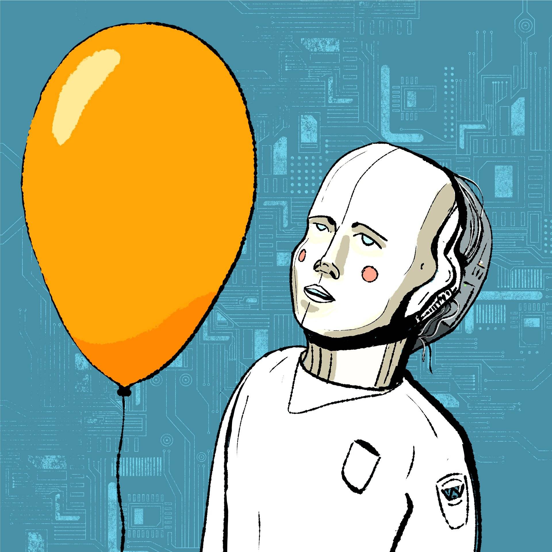 Robot z głowa podobną do ludzkiej patrzy na różowy balonik
