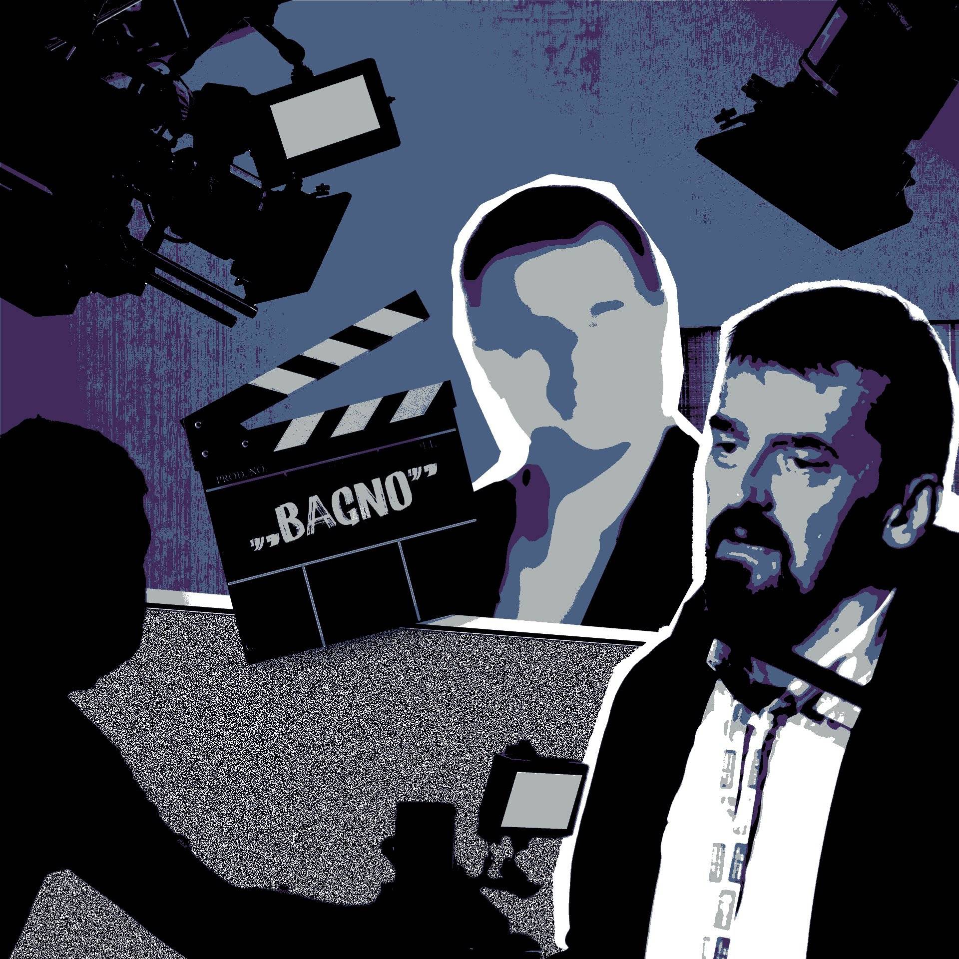 Ilustracja przedstawiająca biznesmena Janusza J. i Mariusza Zielke oraz klaps z nazwą filmu "Bagno"