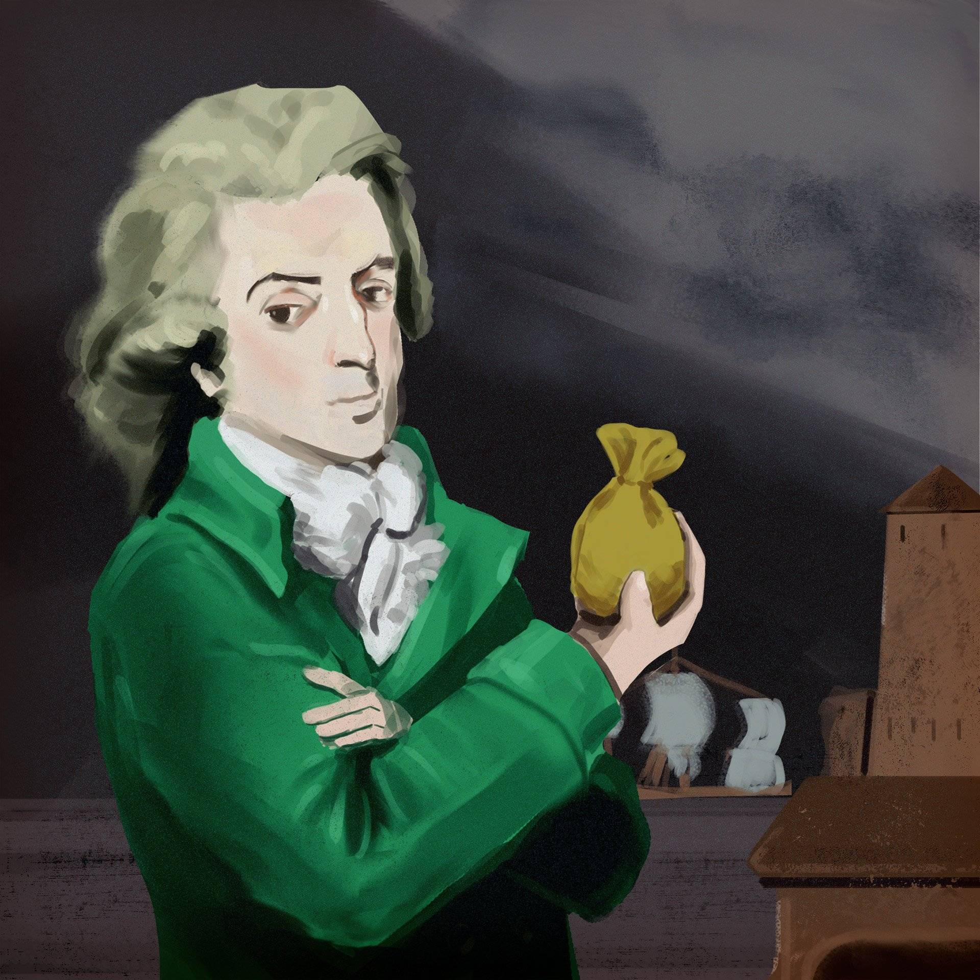 Mężczyzna w zielonym kubraku trzyma w dłoni woreczek z pieniędzmi