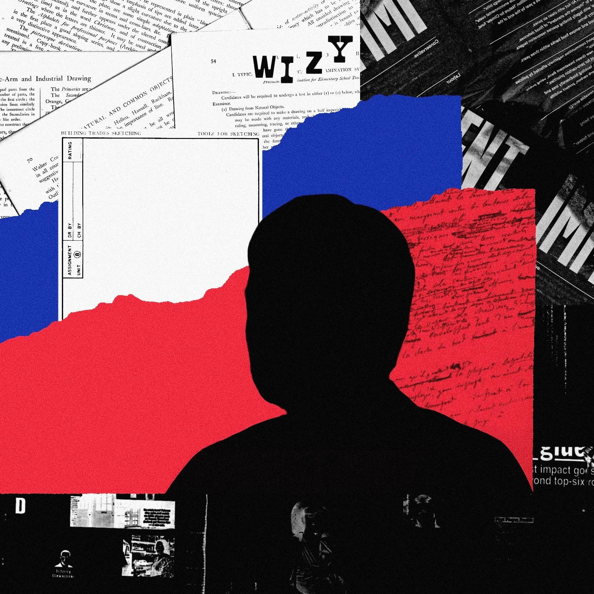 Ilustracja przedstawiająca postać na tle dokumentów układających się w kolory rosyjskiej flagi.