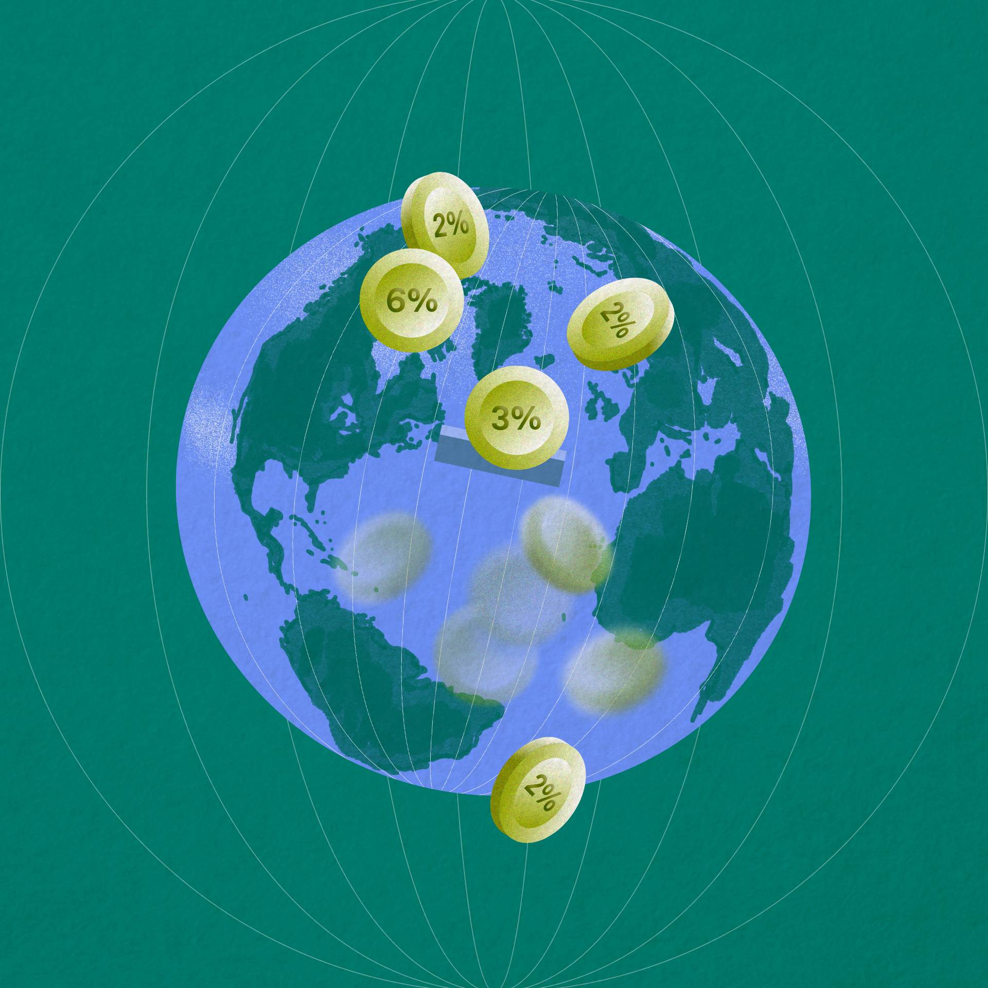 Rysunek globu ziemskiego z kółeczkami w różnych miejscach globu z procentami PKB