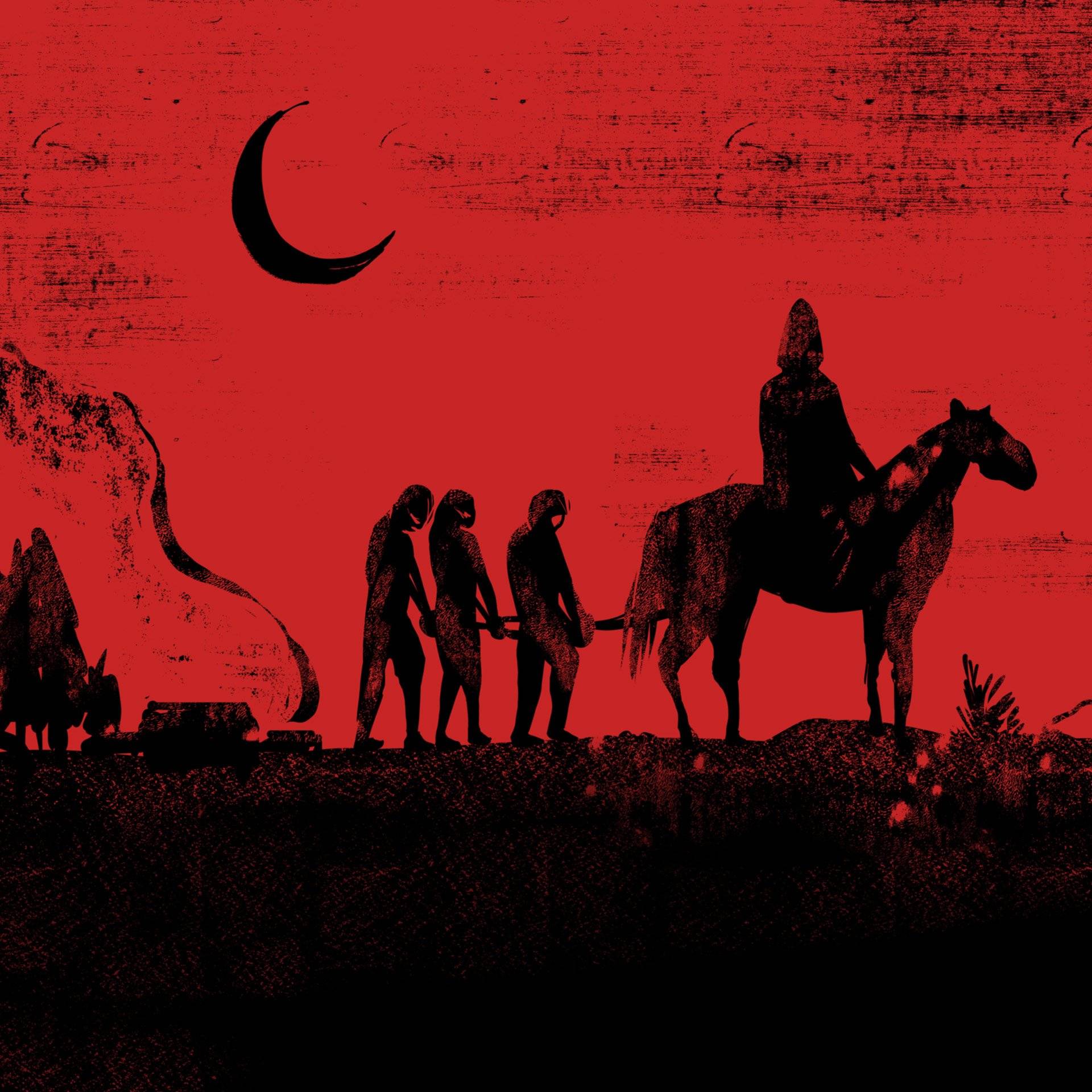 Na czerwonym tle sylwetka jeźdżca na koniu, za nim na powrozie idą ludzie, na niebie półksiężyc