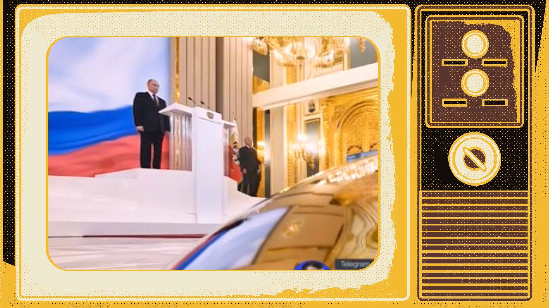 Grafika. Zdjęcie Putina w złoconej sali w ramce starego telewizora