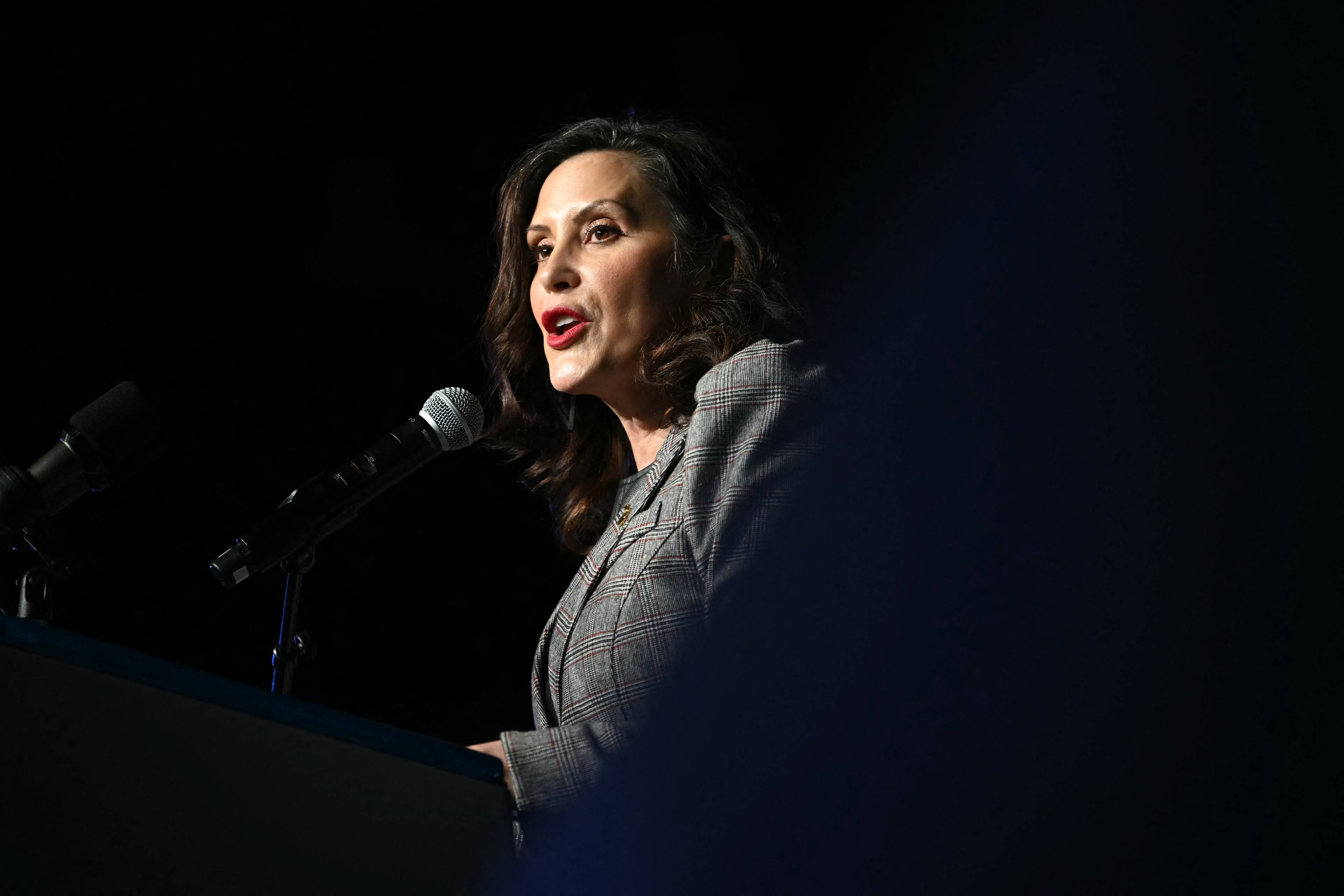 Michigan Governor Gretchen Whitmer speaks at the NAACP Detroit Branch annual "Fight for Freedom Fund Dinner" in Detroit, Michigan on May 19, 2024. US President Joe Biden called May 19, 2024 for an immediate ceasefire in Gaza and said he was working on a "lasting, durable peace" that would include the creation of a Palestinian state. Speaking at a graduation ceremony at the former university of civil rights icon Martin Luther King, Jr, Biden said he was pushing for a regional peace deal "to get a two-state solution, the only solution." (Photo by ANDREW CABALLERO-REYNOLDS / AFP)