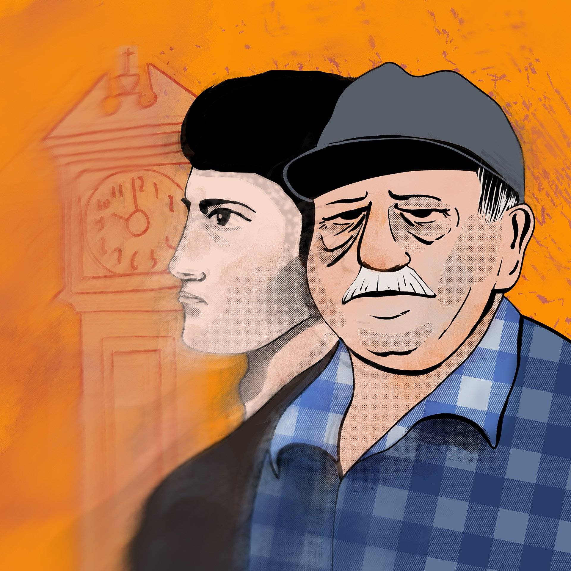 Ilustracja przedstawiająca starszego mężczyznę, za którym widać profil młodego chłopaka.