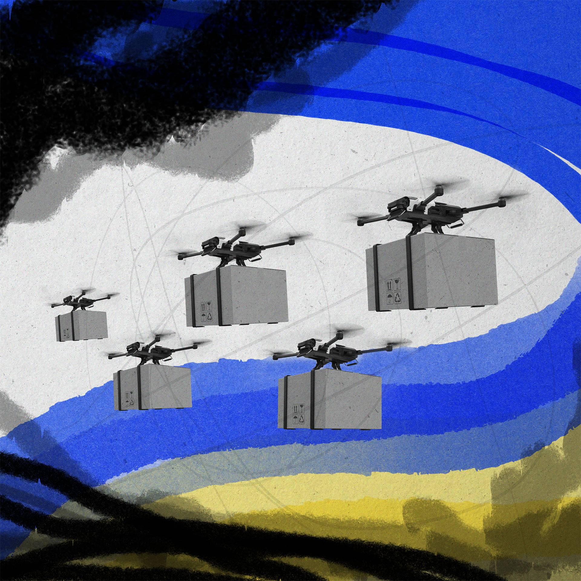 Ilustracja przedstawiająca drony lecące z podczepionymi paczkami