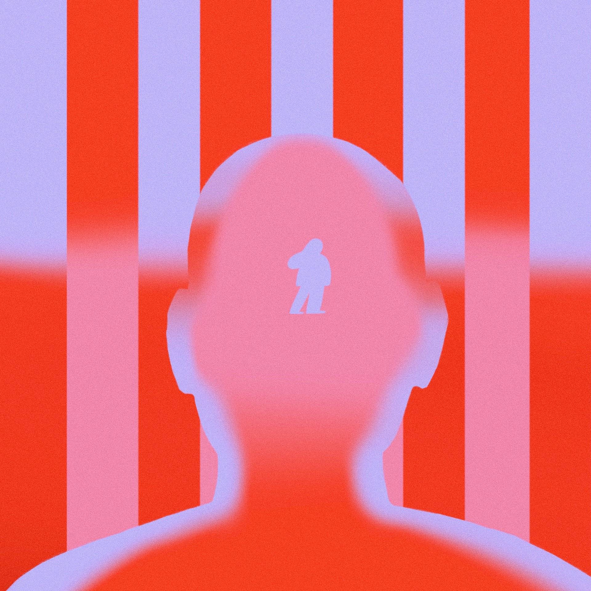 Grafika przedstawiająca zarys głowy człowieka na tle czerwonych krat, w głowie widać sylwetkę ludzką. Osoba transseksualna