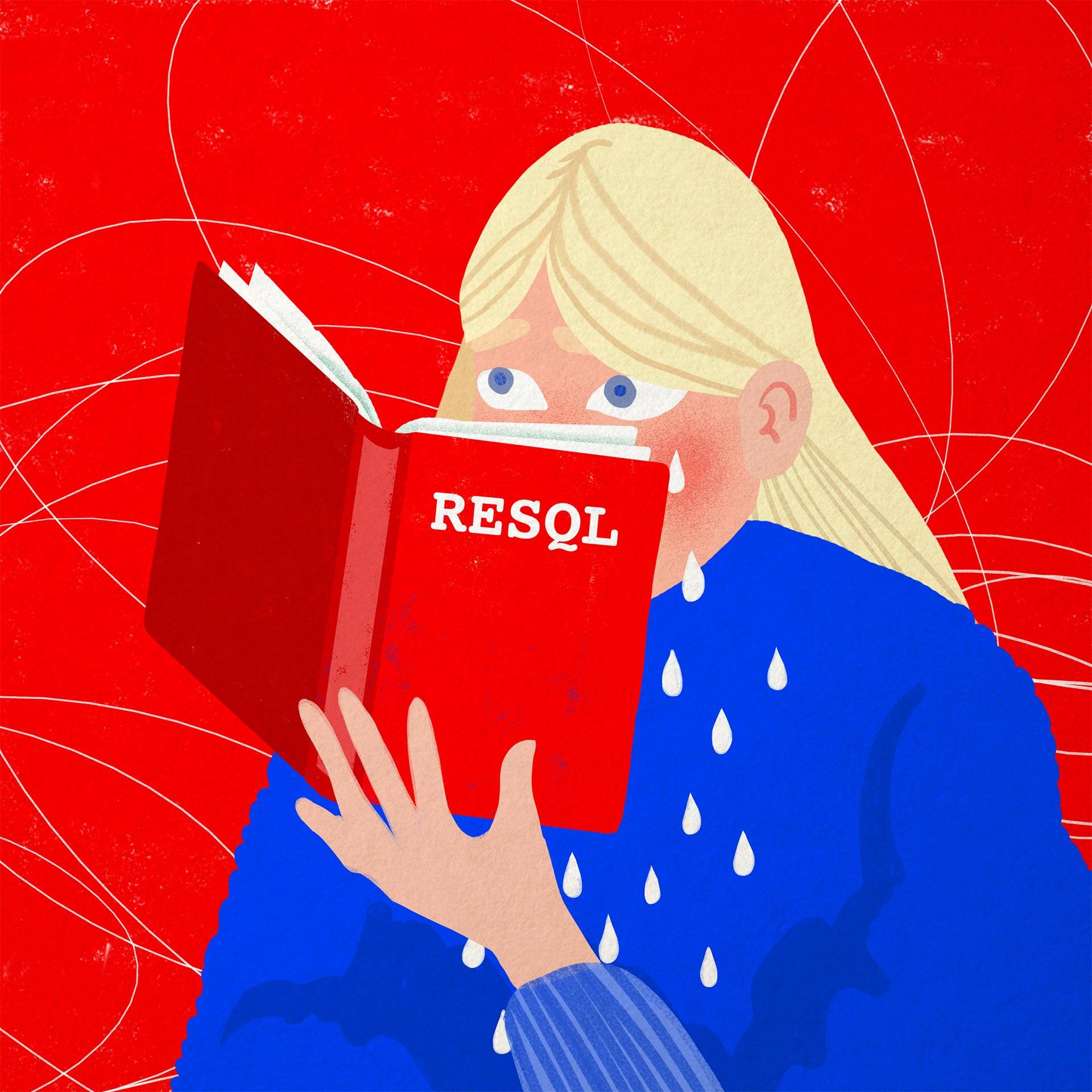 ilustracja przedstawia dziewczynkę czytającą książkę z czerwoną okładką i napisem RESQL