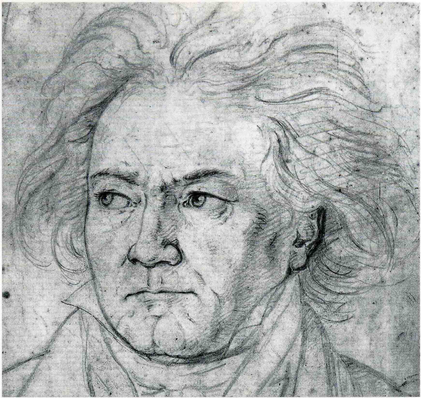 Czarno-biały rysunek głowu mężczyzny z rozwianymi siwymi włosami