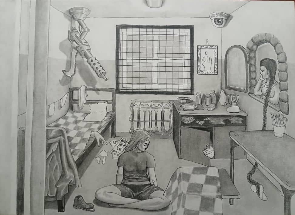 Rysunek ołówkiem, efekty surrealistyczne, pomieszczenie z kratami na oknie, w środku na podłodze siedzi kobieta. Z łózka wysuwa się ręka, pod sufitem wisi karabin maszynowy.