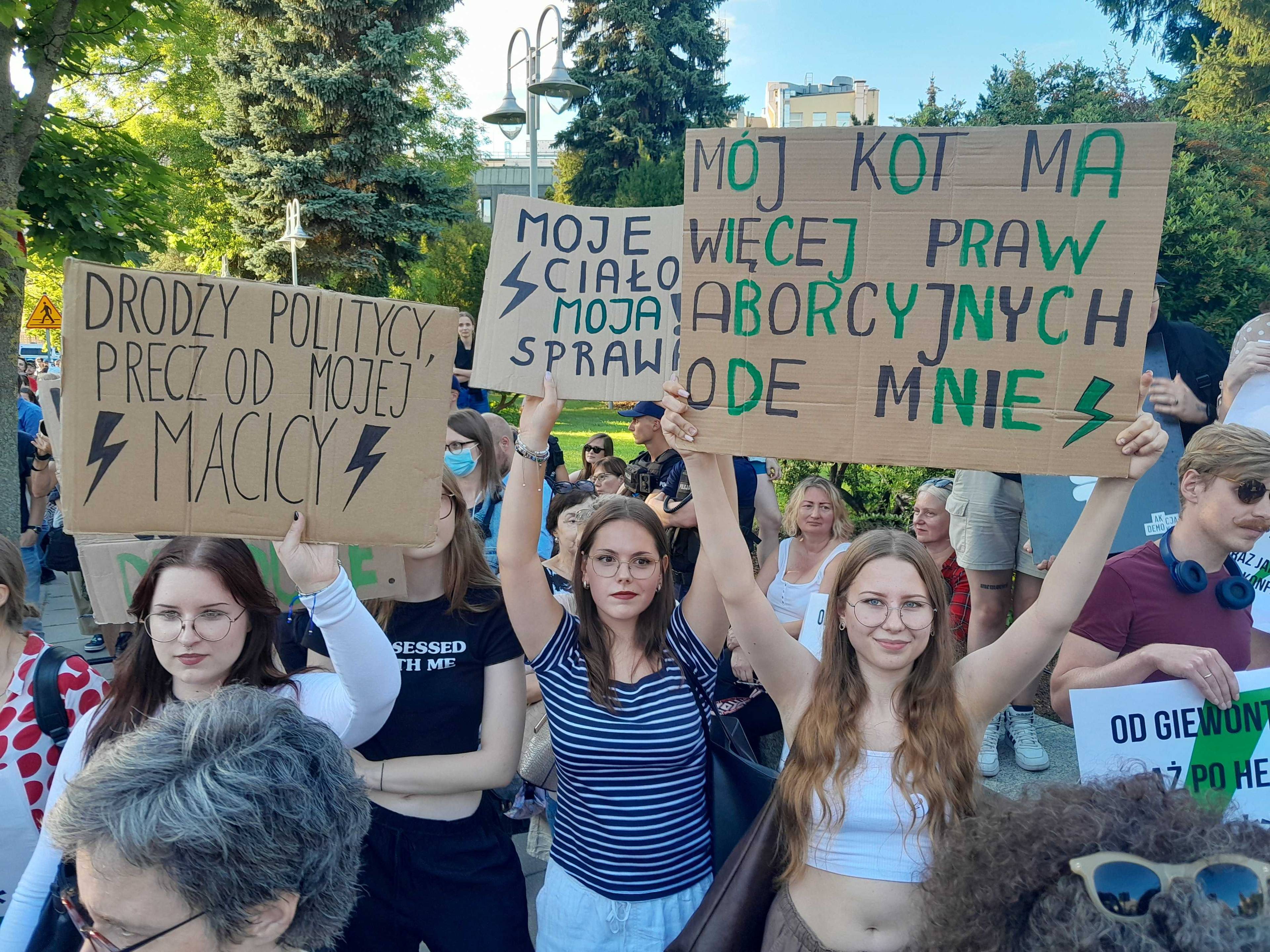 na zdjęciu demonstracja pod Sejmem. Młode kobiety trzymają plakaty z hasłami wzywającymi polityków do legalizacji aborcji