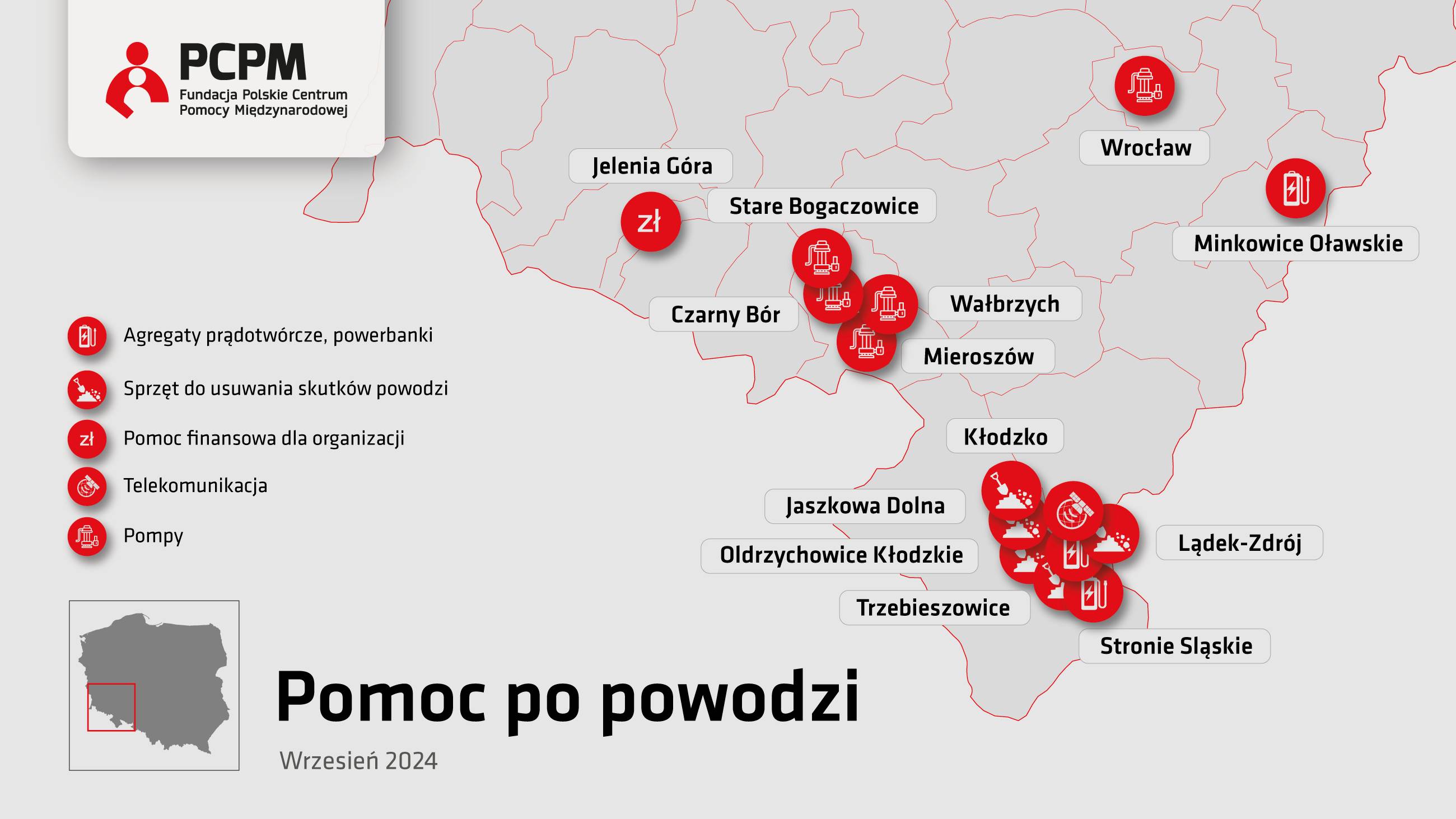 Mapa miejscowości, do których do 23 września 2024 dotarła pomoc Polskiego Centrum Pomocy Międzynarodowej / Grafika PCPM