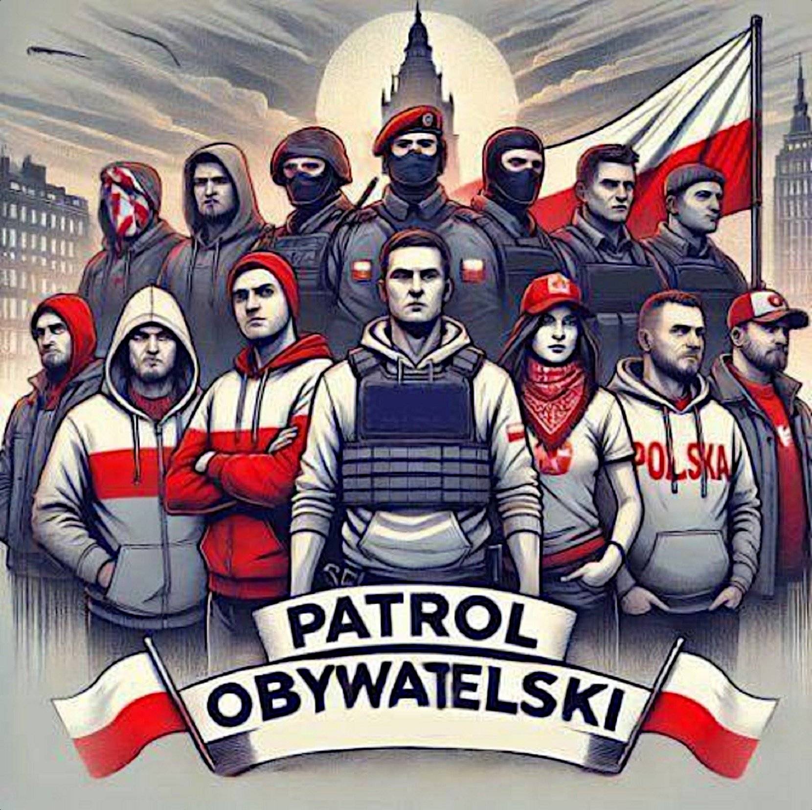 Grafika z grupy Patrol Obywatelski na Telegramie. Dwa rzędy stojących mężczyzn na tle Pałącu Kultury w Warszawie. Jeden rząd w bluzach z kapturami , niektóre postacie są zamaskowane. Drugi rząd bez masek na twarzach. Na dole biało-czerwone flagi