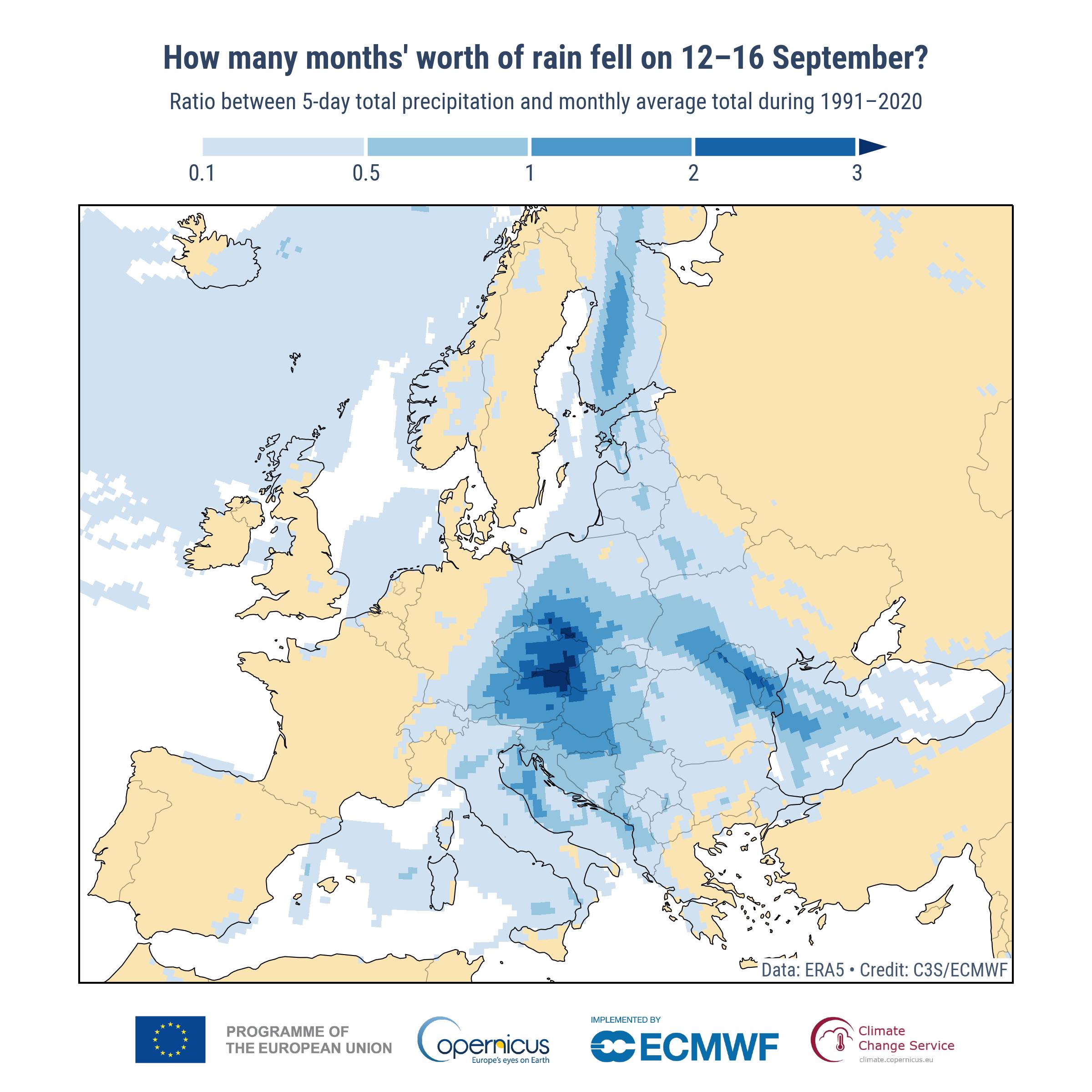 Mapa Europy pojazująca zasięg gigantycznych opadów deszczy w środku kontynentu