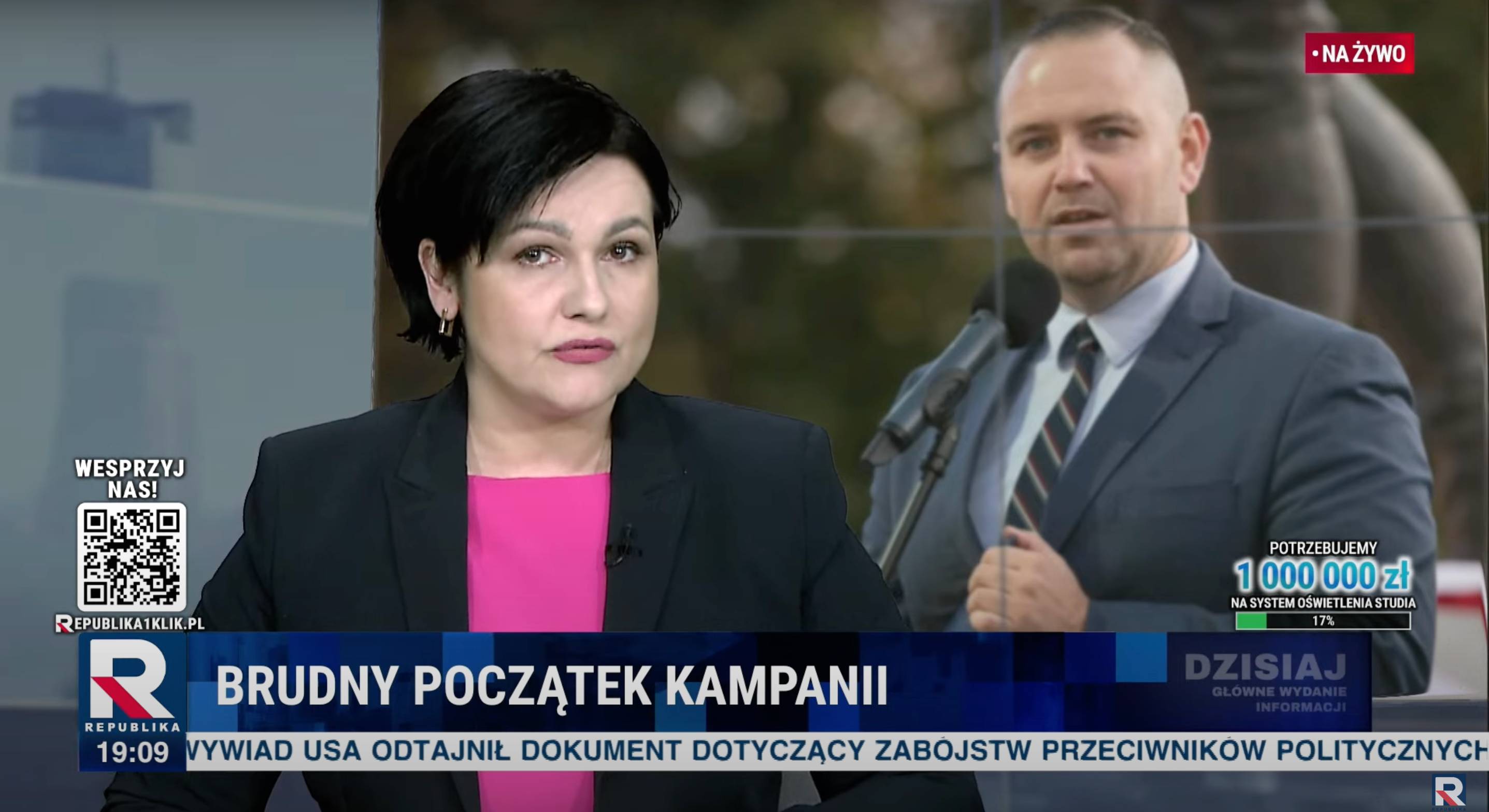 Z prawej kobieta, z lewej mężczyzna z mikrofonem. Podpis: „Brudny początek kampanii”, źródło: Telewizja Republika