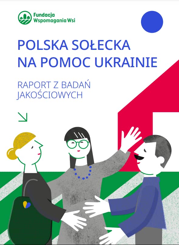 Okładka raportu: niebiueski tytuł i grafika przedstawiająca trzy osoby