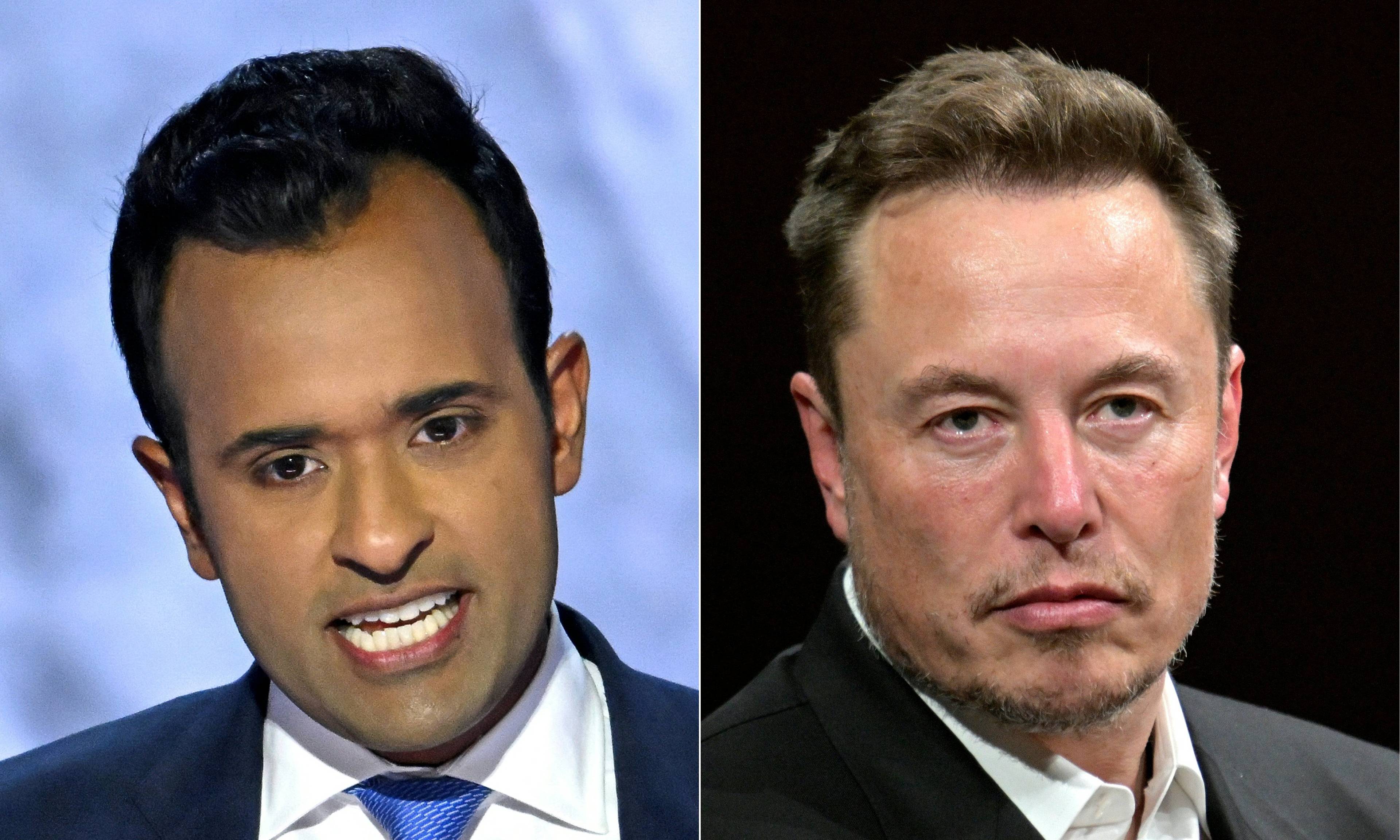 (COMBO) This combination of pictures created on November 12, 2024 shows
US entrepreneur and former Republican presidential hopeful Vivek Ramaswamy (L) speaks during the second day of the 2024 Republican National Convention at the Fiserv Forum in Milwaukee, Wisconsin, July 16, 2024, and SpaceX, Twitter and electric car maker Tesla CEO Elon Musk looks on as he speaks during his visit at the Vivatech technology startups and innovation fair at the Porte de Versailles exhibition center in Paris, on June 16, 2023.. US President-elect Donald Trump on November 12, 2024 said Tesla and SpaceX CEO Elon Musk will lead a so-called Department of Government Efficiency alongside American entrepreneur Vivek Ramaswamy. (Photo by ANDREW CABALLERO-REYNOLDS and Alain JOCARD / AFP)