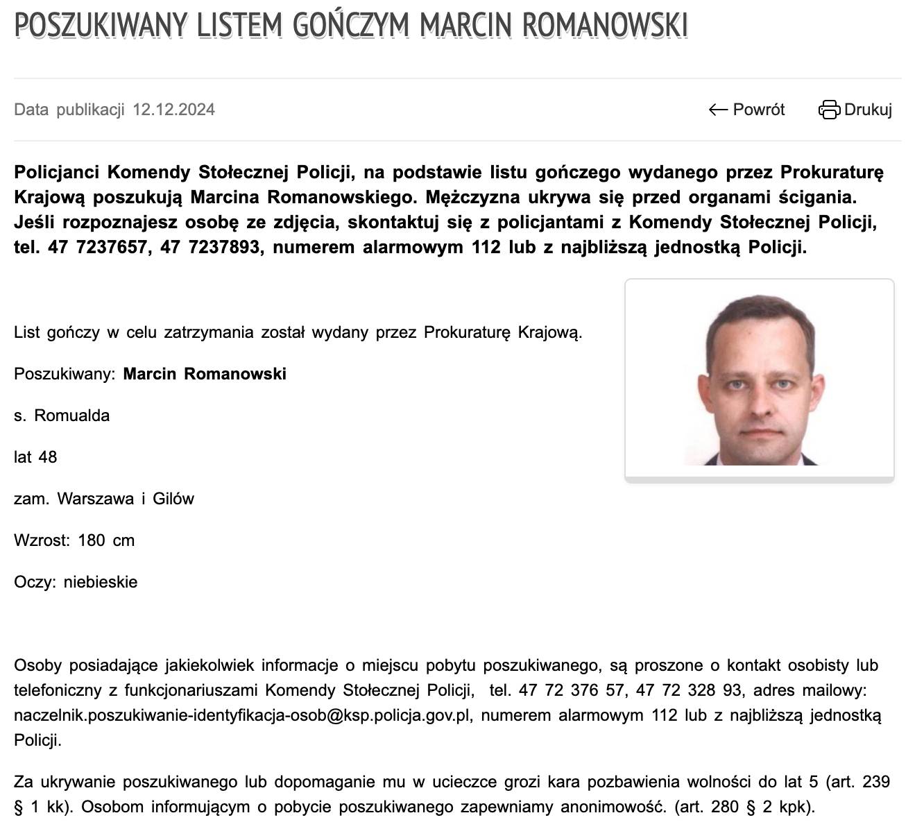 List gończy za Marcinem Romanowskim na stronie policji