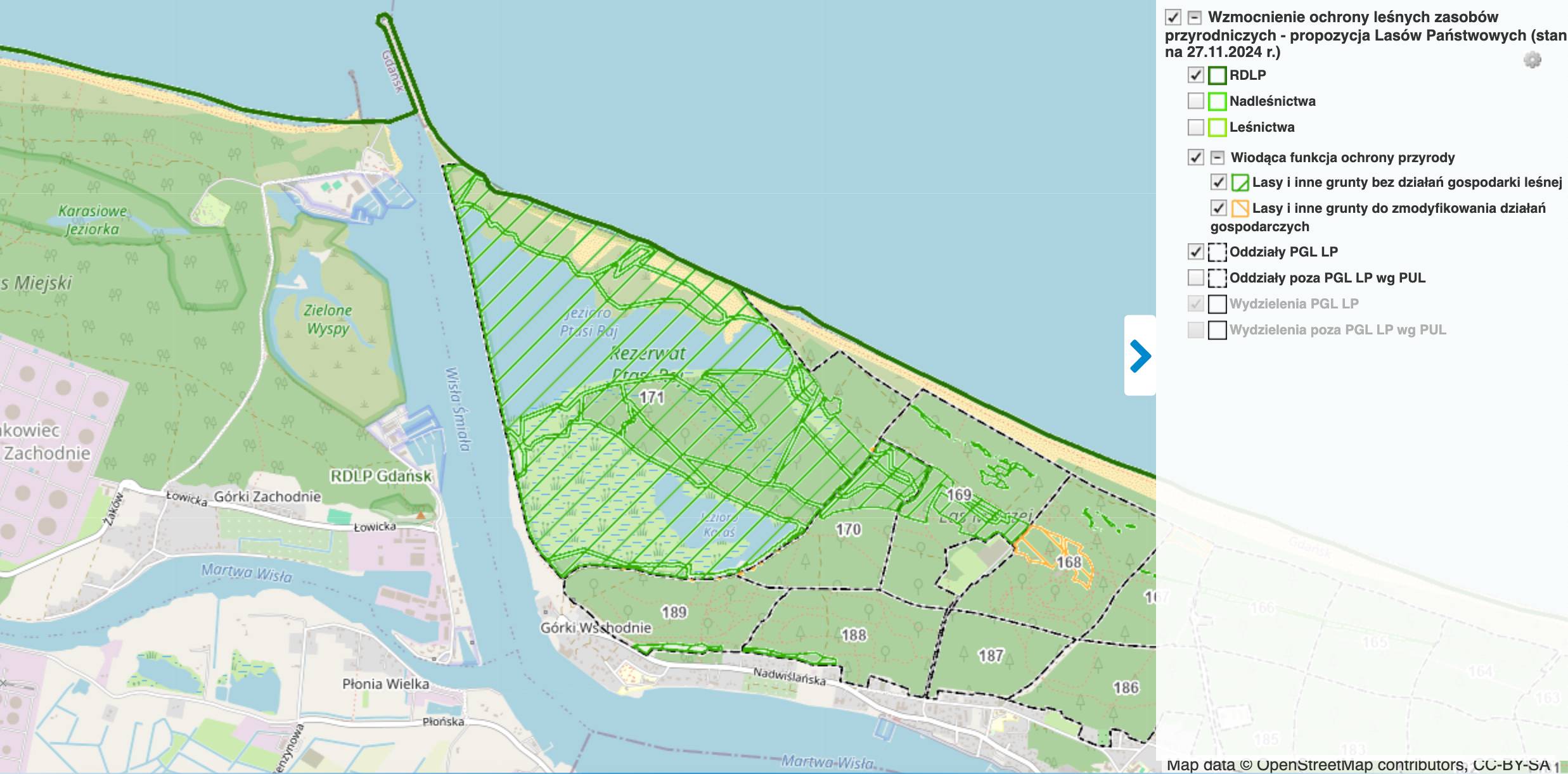 mapa LP, według której ochroną zostają objęte jeziora przy ujściu wisły do bałtyku