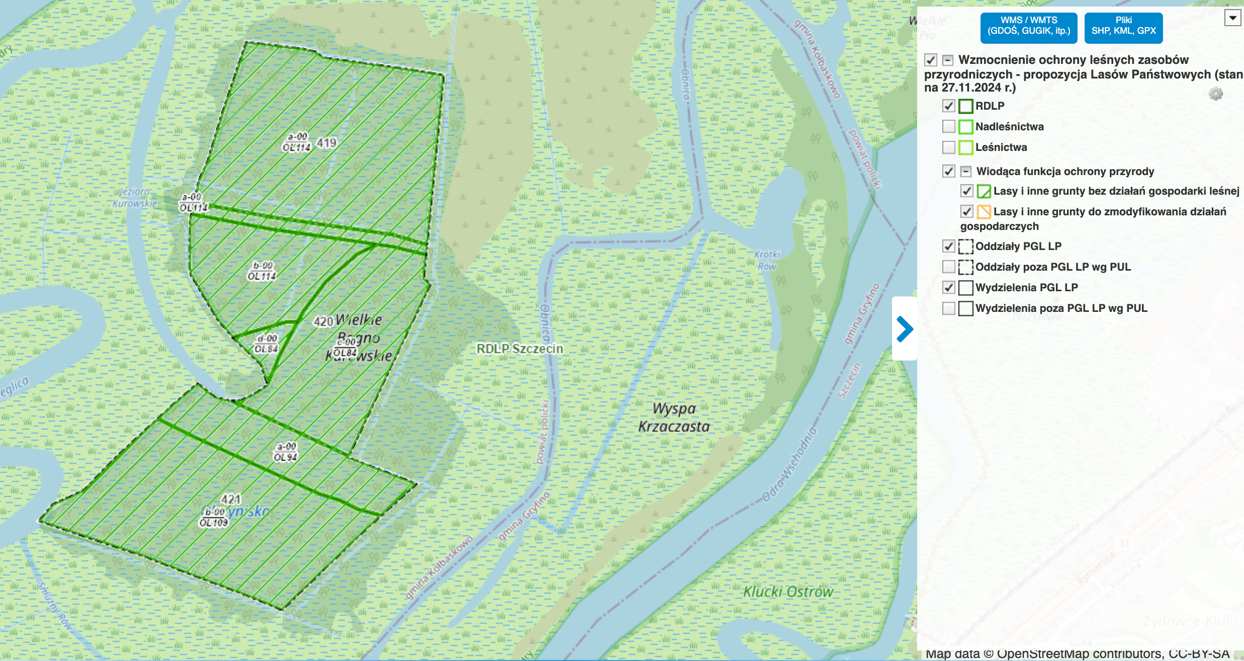 mapa LP na której widać, że wyłączeniami został objęty rezerwat i jednocześnie wyspa