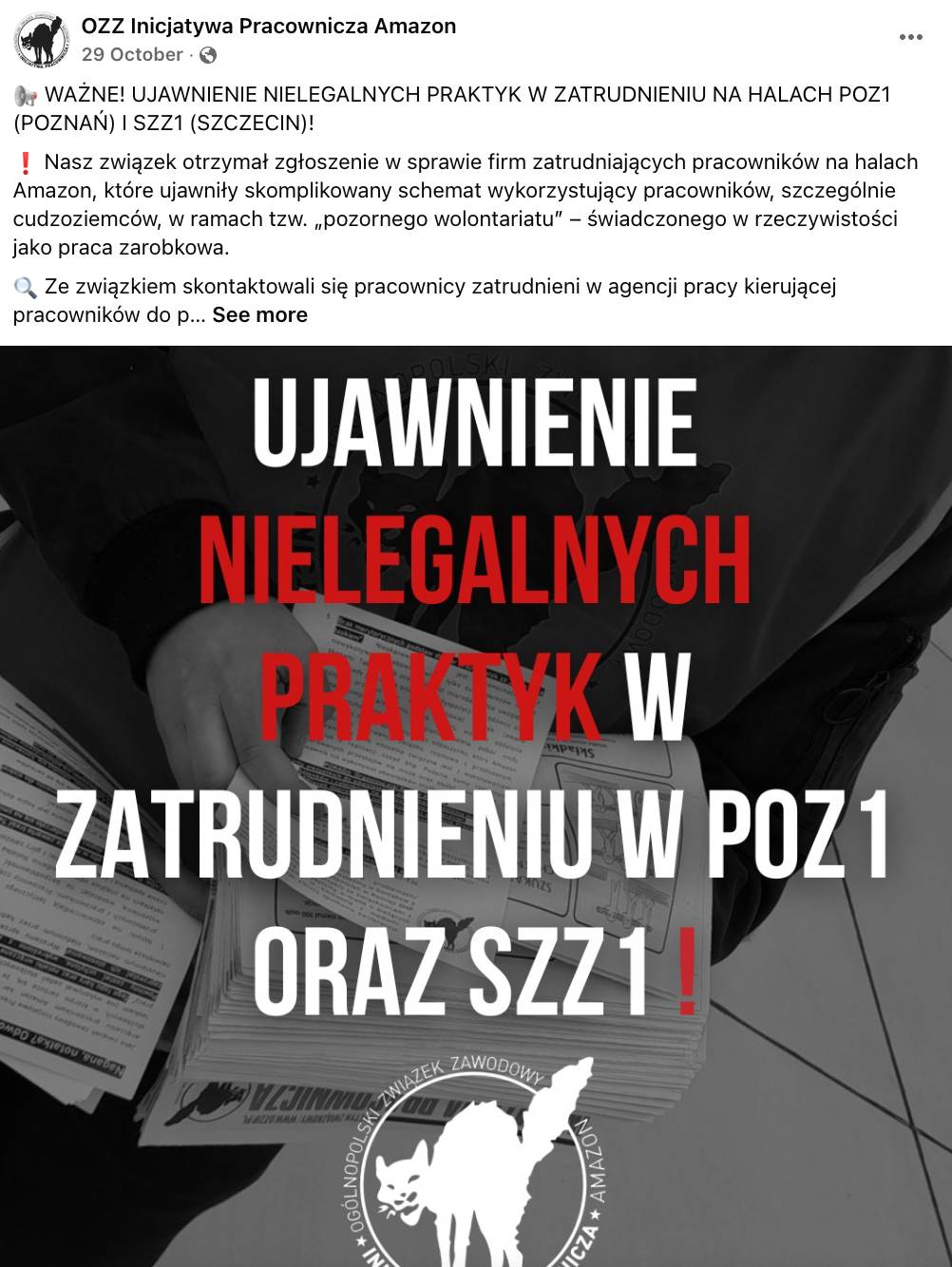 Wpis Inicjatywy Pracowniczej w Amazonie dotyczący nielegalnych praktyk w zatrudnieniu