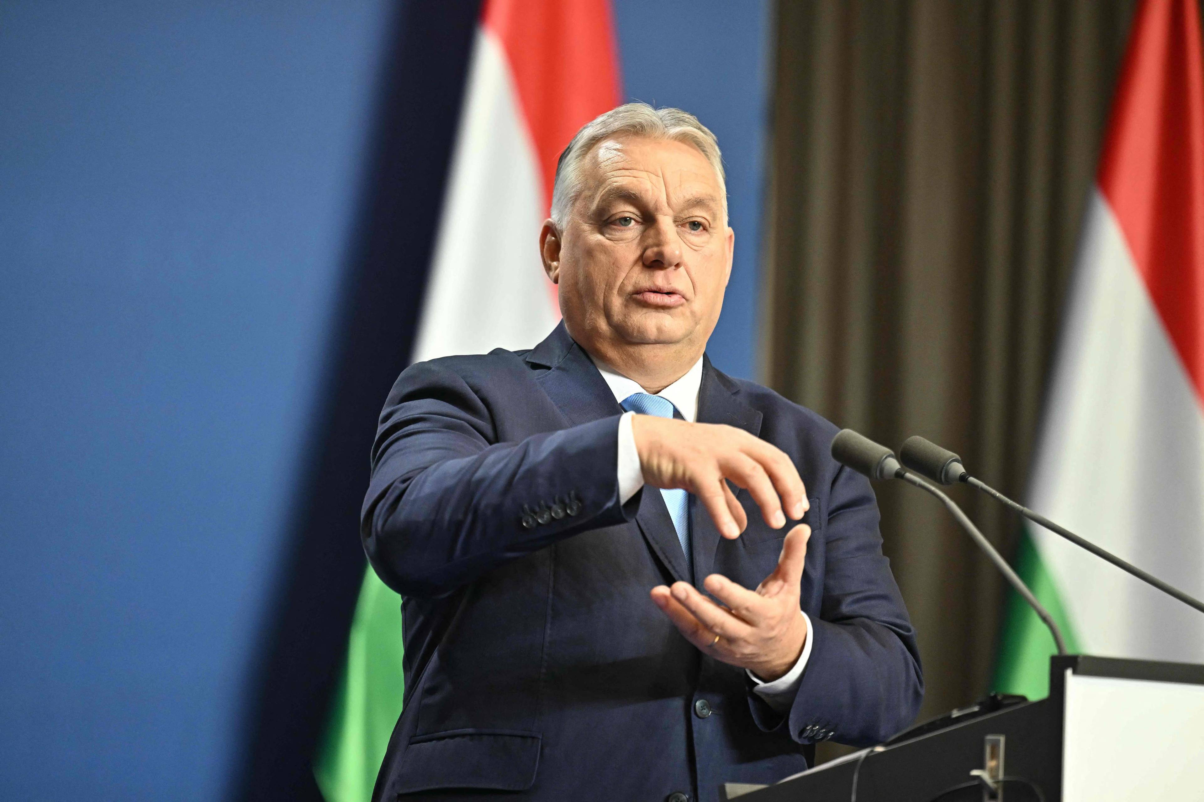 Mężczyzna, otyły, pokazuje cos rękami na tle flag węgierskich
