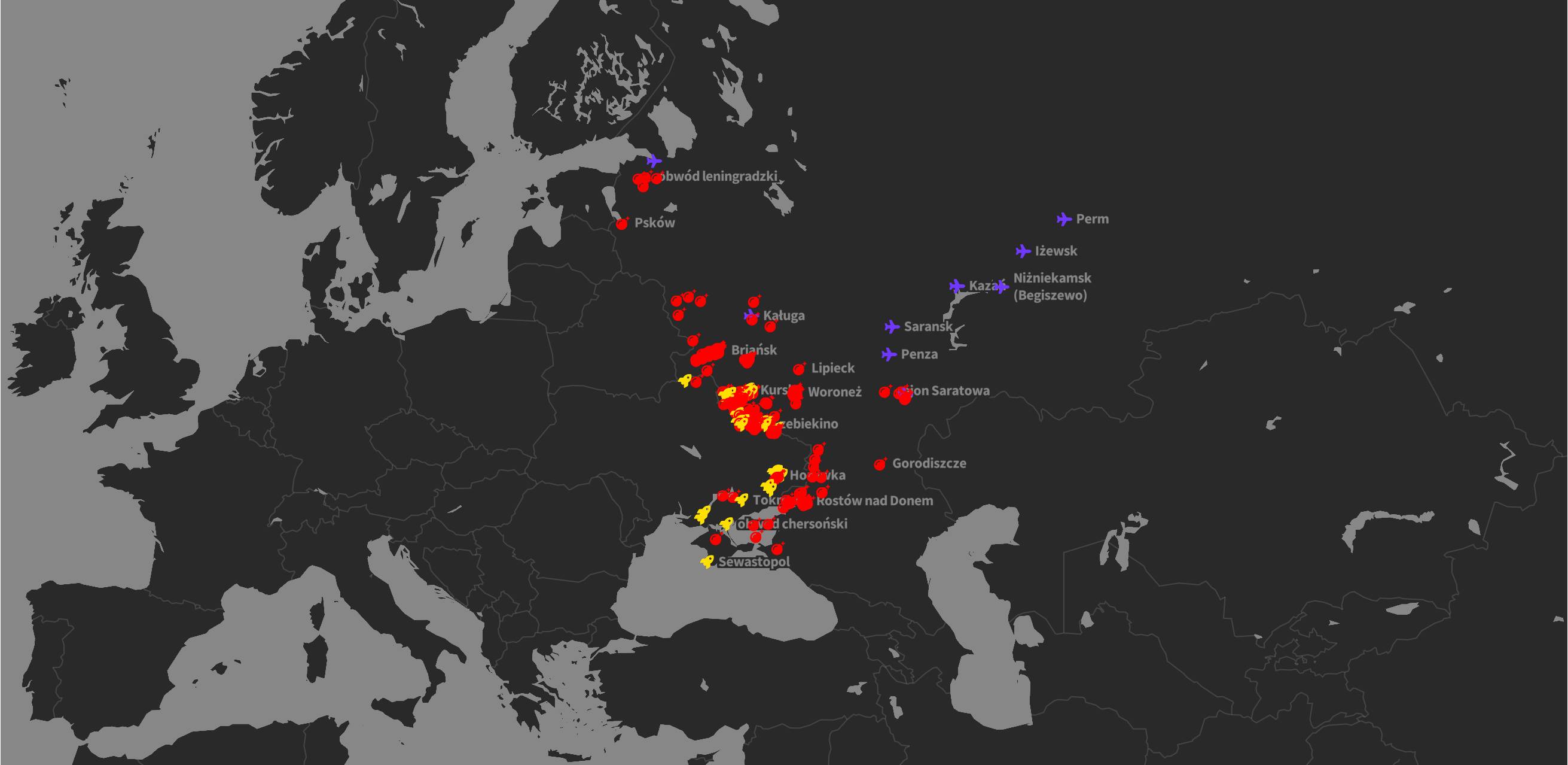 Mapa przedstawiająca uderzenia ukraińskie na tereny Rosji