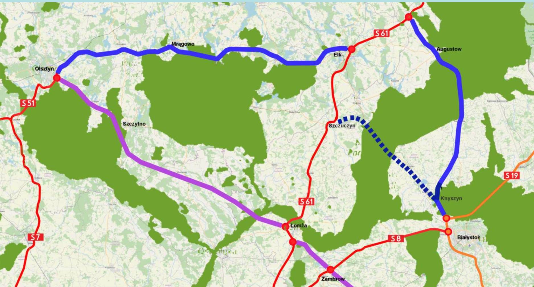 mapa pokazuje przebieg trasy przez mazury, a także drogę do augustowa, która jednak nie będzie ekspresówką oraz drogę, która nie powstanie