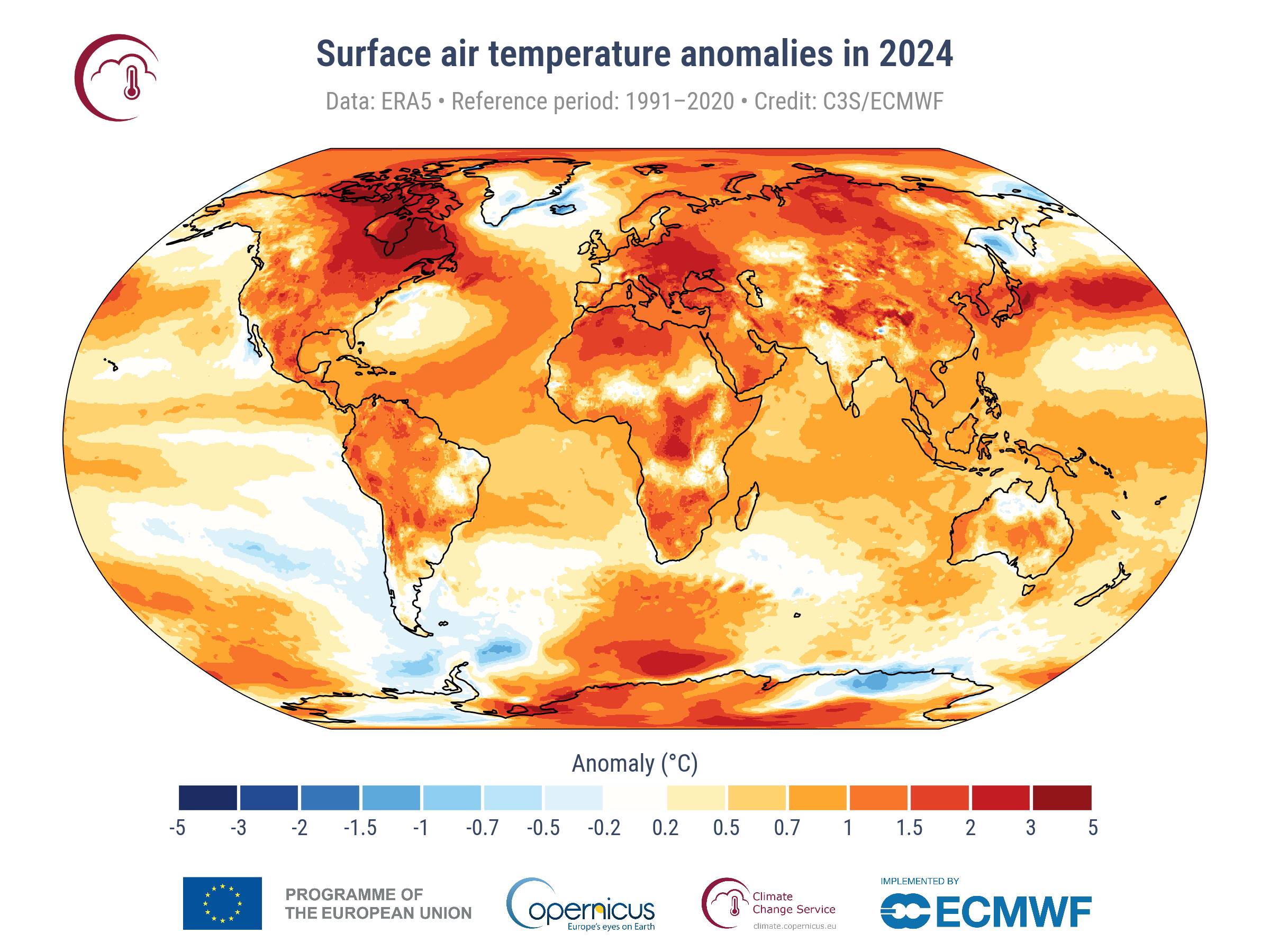 Mapa świata z anomaliami temp4ratur w 2024