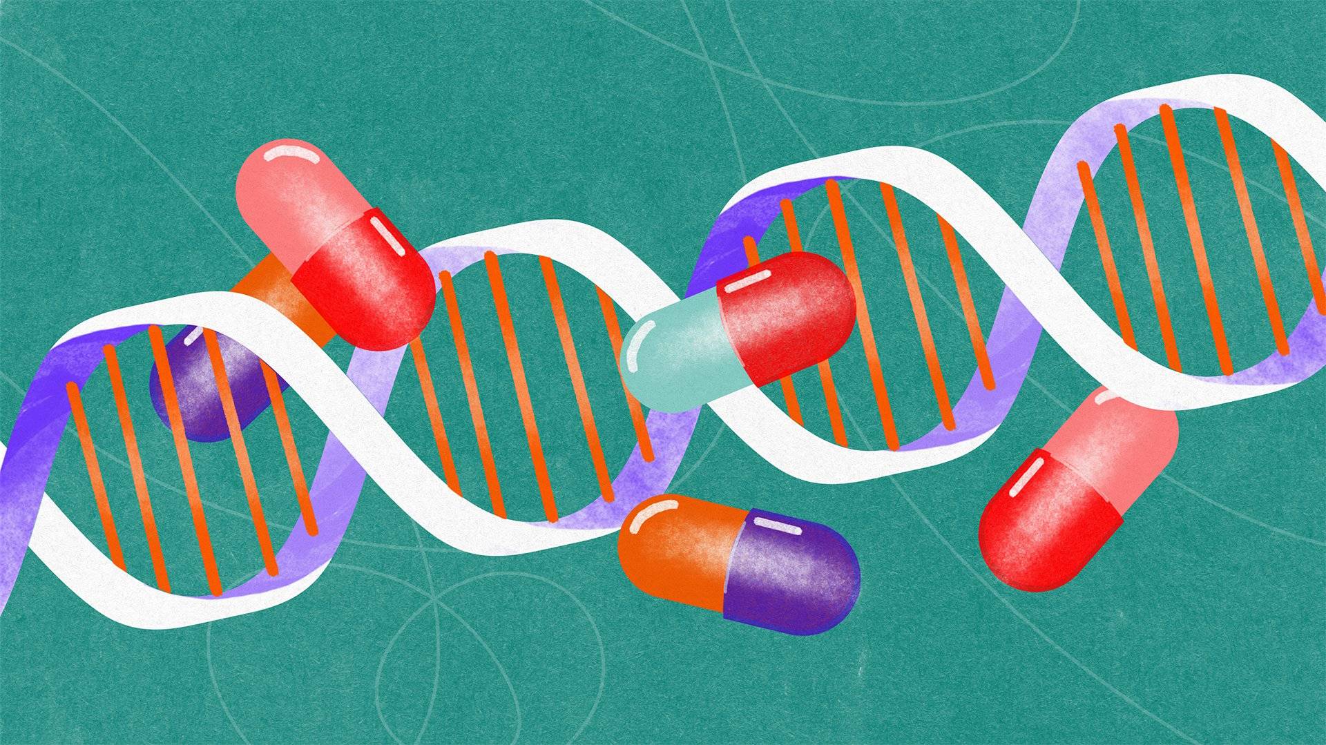 Ilustracja przedstawia spirale DNA, na ich tle kilka kolorowych pigułek