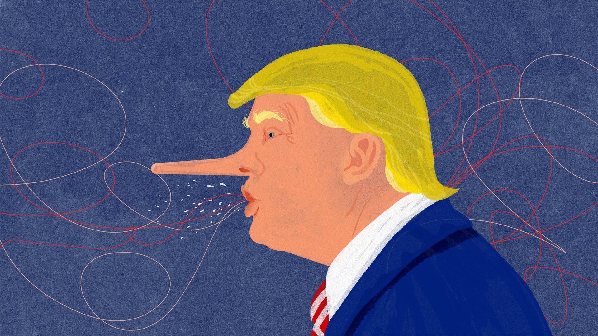 Ilustracja przedstawia profil Donalda Trumpa z wydłużonym nosem. Z jego ust wydobywają się kropelki śliny i wijące się linie.