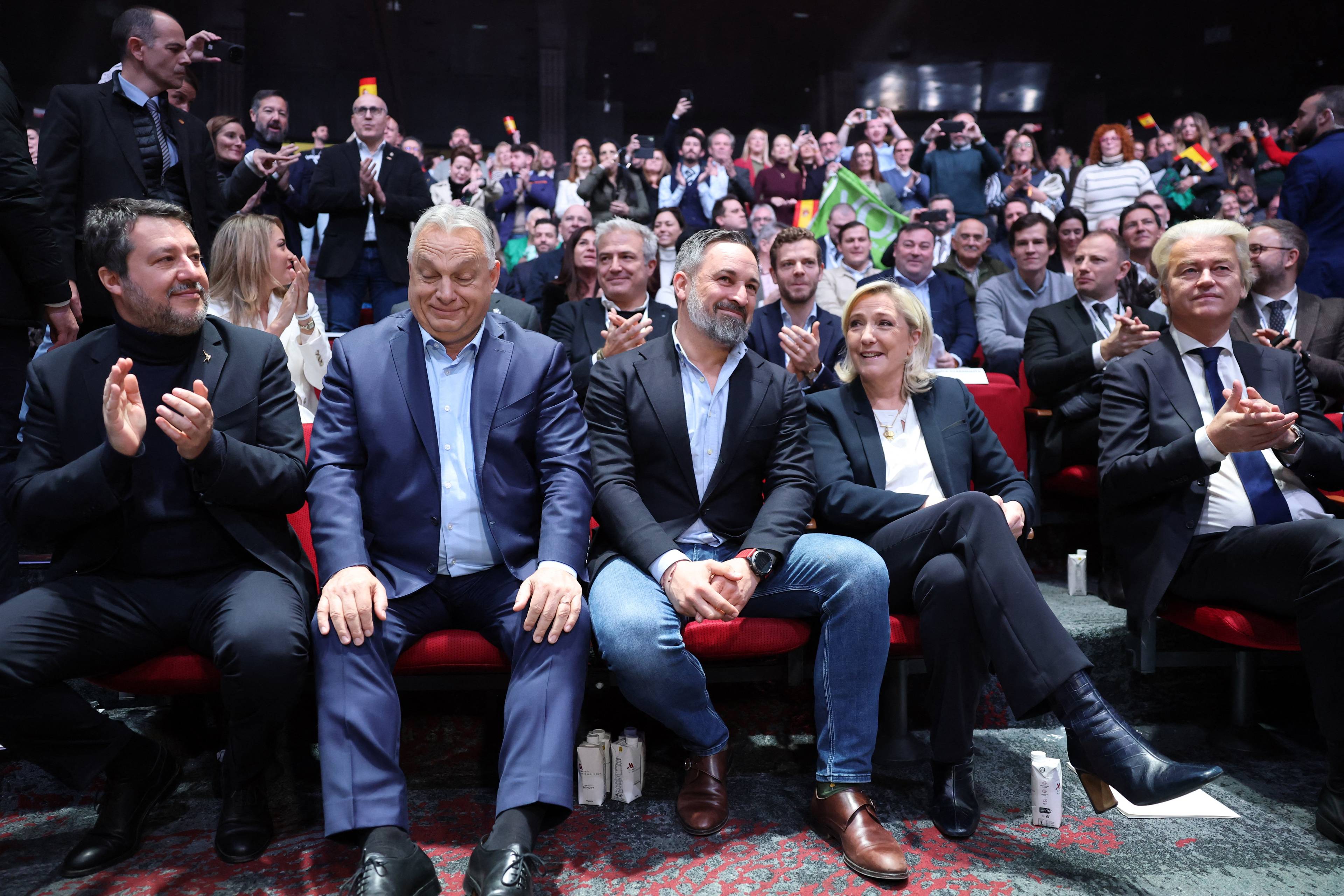 (From L) Italys deputy Prime Minister and leader of Italian League party (Lega) Matteo Salvini, Hungarian Prime Minister Viktor Orban, Spain's far-right party Vox leader and President of Patriots for Europe Santiago Abascal, President of the French far-right Rassemblement National (RN) parliamentary group, Marine Le Pen and President of the far-right Party for Freedom (PVV) Geert Wilders, attend a meeting of Patriots for Europe, the European Parliament's largest far-right bloc, at a hotel in Madrid on February 8, 2025. With Viktor Orban and Marine Le Pen as headliners, and under the slogan "Make Europe Great Again" inspired by former U.S. President Donald Trump's "Make America Great Again," which calls for restoring America's greatness numerous European far-right leaders gathered in Madrid today to advocate for a "180-degree change" in the European Union, leveraging the Trumpist momentum. (Photo by Thomas COEX / AFP)