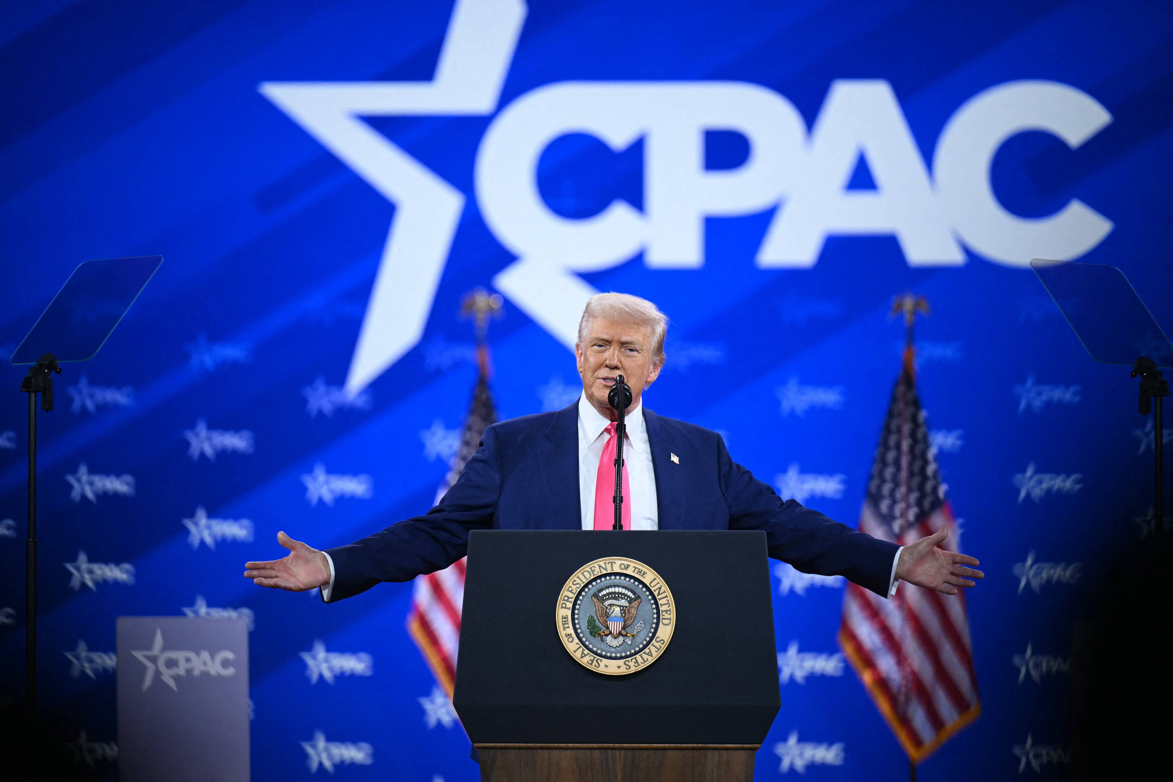 US President Donald Trump speaks at the annual Conservative Political Action Conference (CPAC) at the Gaylord National Resort &amp; Convention Center at National Harbor in Oxon Hill, Maryland, on February 22, 2025. (Photo by Alex WROBLEWSKI / AFP)