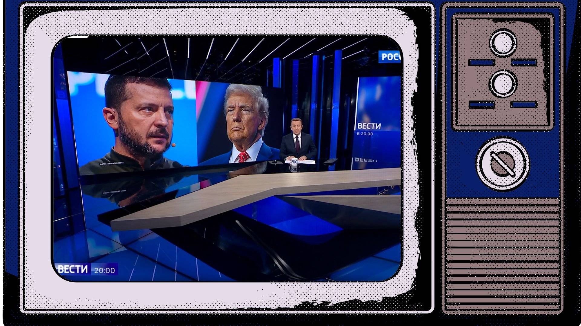 w ramce starego telewizora kadr ze studia telewizyjnego. Prezenter stoi na tle wielkich zdjęć Trumpa i Zełenskiego