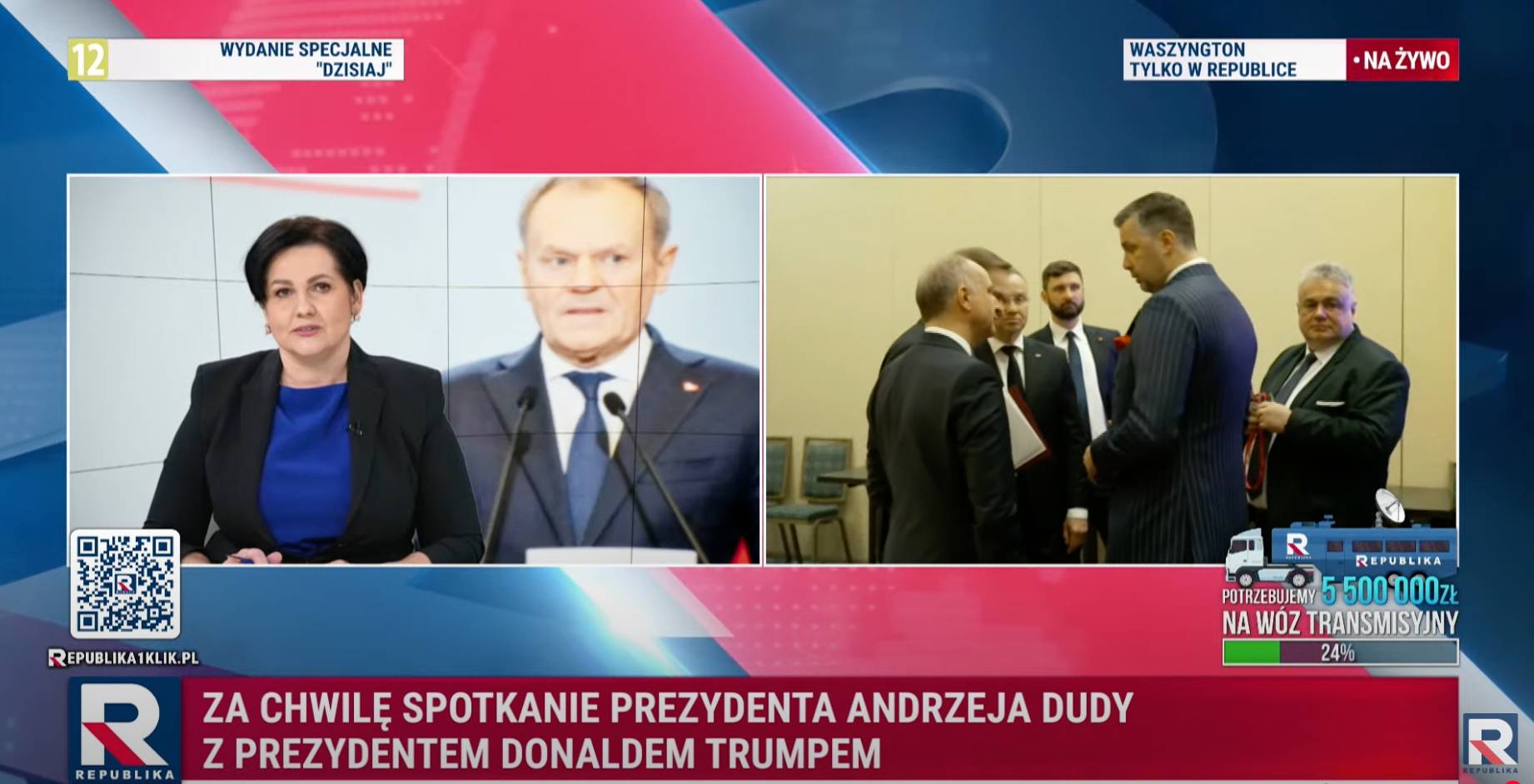 Telewizja Republika pokazuje Andrzeja Dudę, Michała Rachonia i Tomasza Sakiewicza czekających na Trumpa, 22 lutego 2025