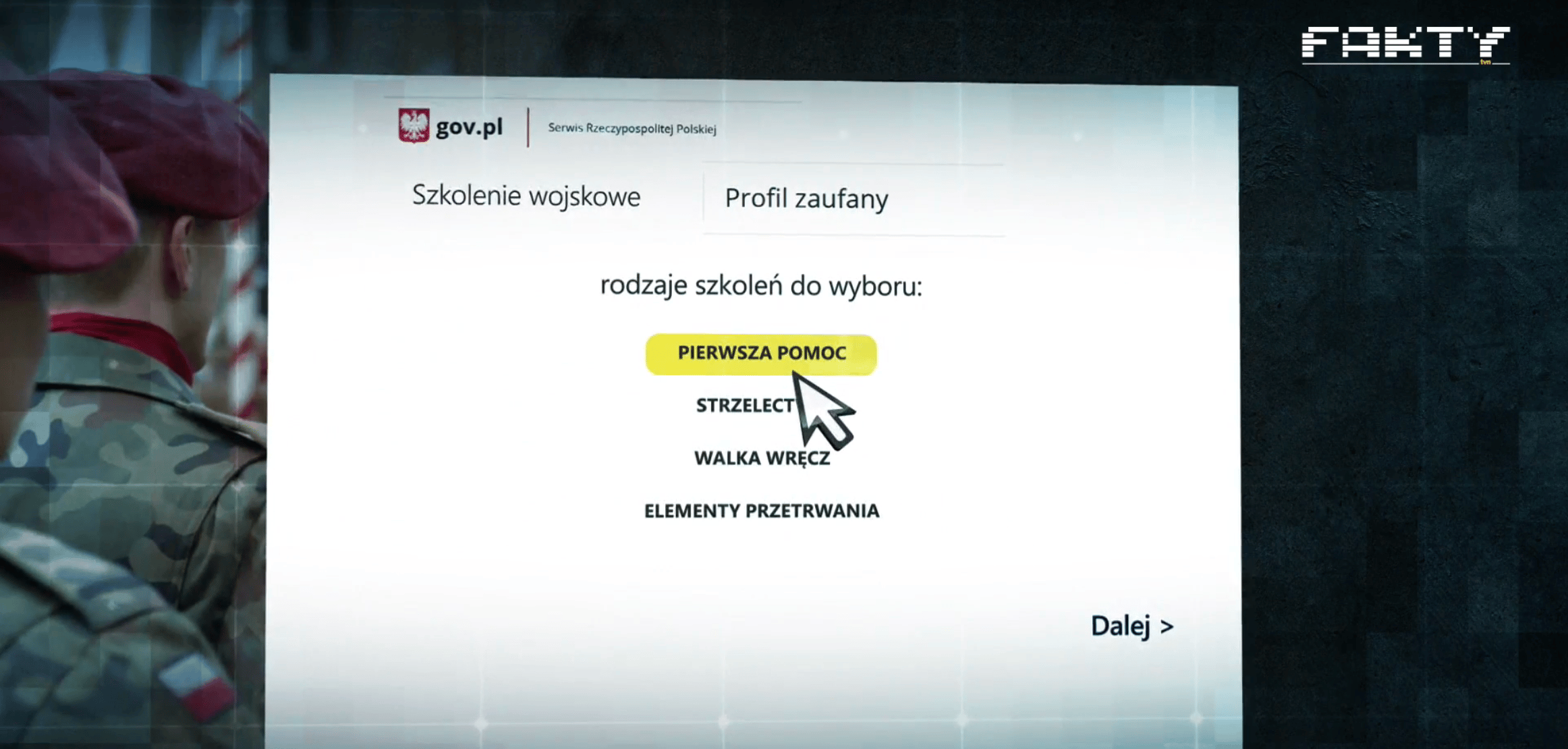 Szkolenia wojskowe, strona internetowa, na której można wybrać typ szkolenia: pierwsza pomoc, strzelectwo, walka wręcz, przetrwanie. Źródło: Fakty TVN