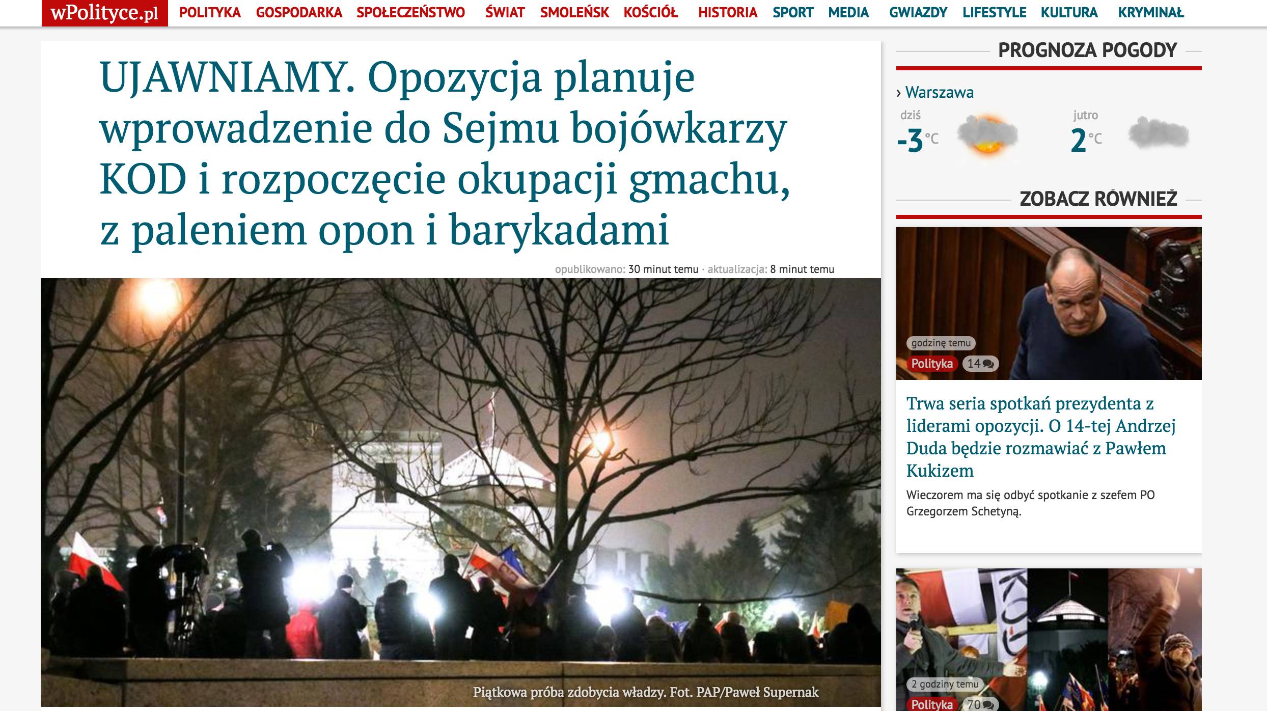 Grafika do artykułu Kompromitacja portalu wPolityce. "Opozycja chce, by dziennikarze wpuścili do Sejmu bojówki opozycji"