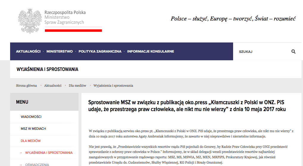Grafika do artykułu MSZ "prostuje" tekst OKO.press o "Kłamczuszkach w ONZ". OKO.press "prostuje" list MSZ