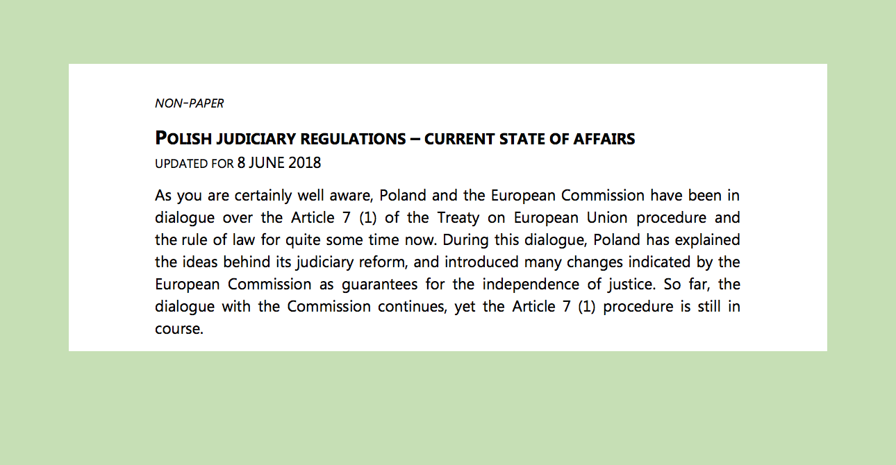 Grafika do artykułu Praworządność już "gwarantowana", procedura z art. 7 "bezzasadna". Ujawniamy nieoficjalny rządowy dokument rozsyłany w Brukseli