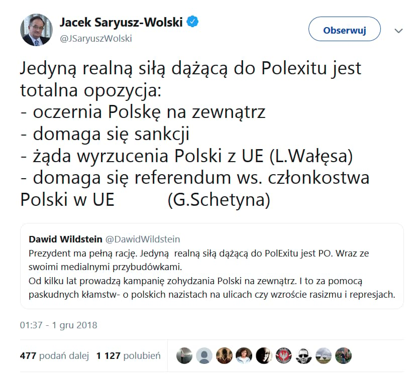 Jedyną realną siłą dążącą do Polexitu jest totalna opozycja: - oczernia Polskę na zewnątrz - domaga się sankcji - żąda wyrzucenia Polski z UE (L.Wałęsa) - domaga się referendum ws. członkostwa Polski w UE (G.Schetyna)