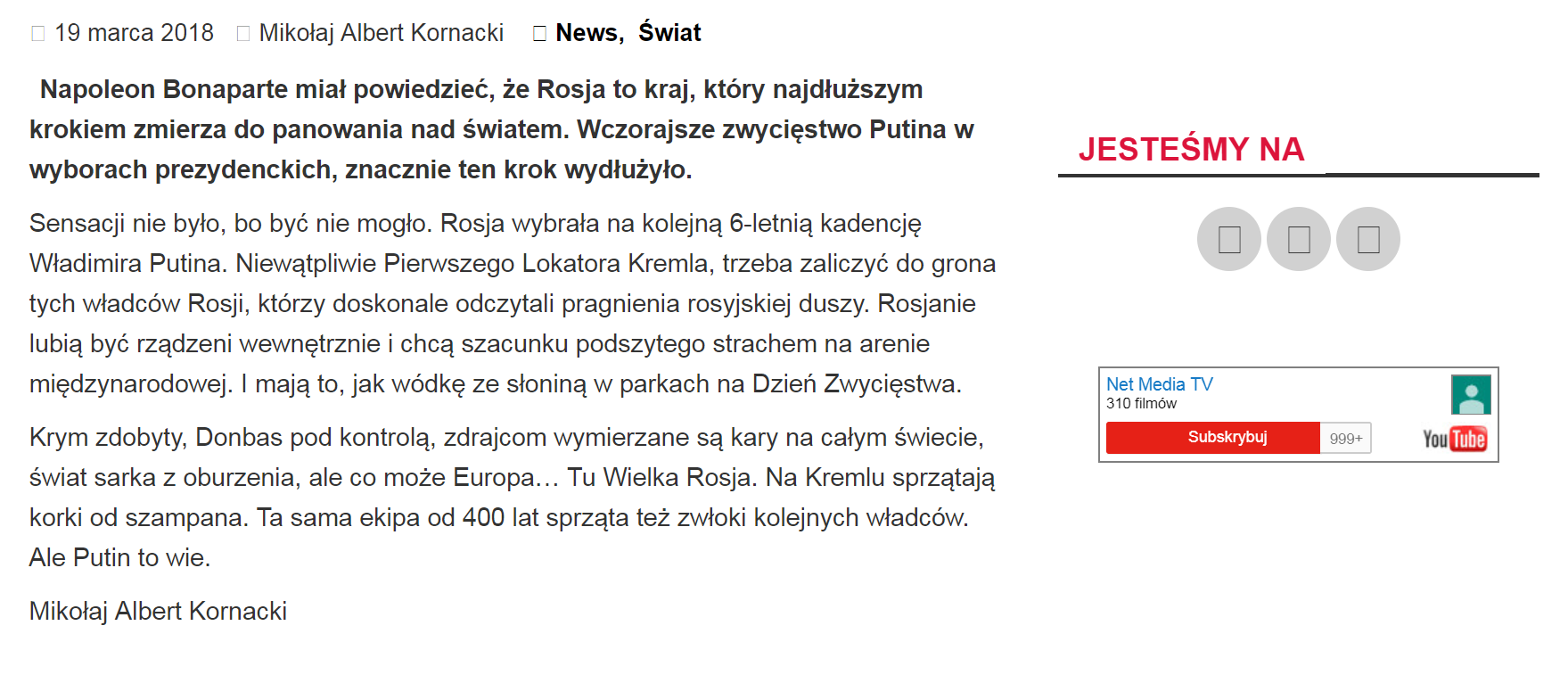 Chwalenie Putina na "Innej Polityce", portalu Jacka Podgórskiego, b. doradcy Leszka Millera.