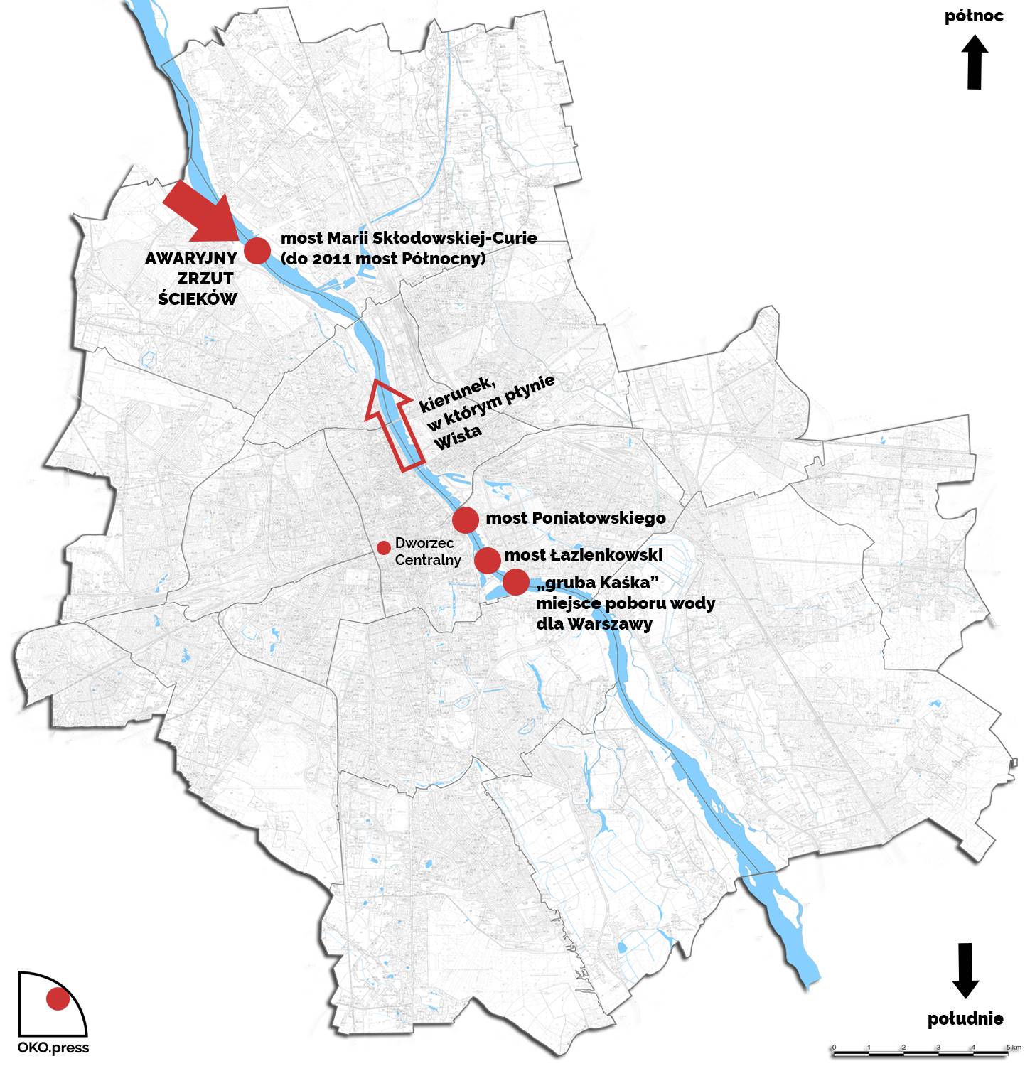 mapa Warszawy z oznaczeniem miejsca awaryjnego zrzutu ścieków oraz miejsca poboru wody pitnej dla Warszawy