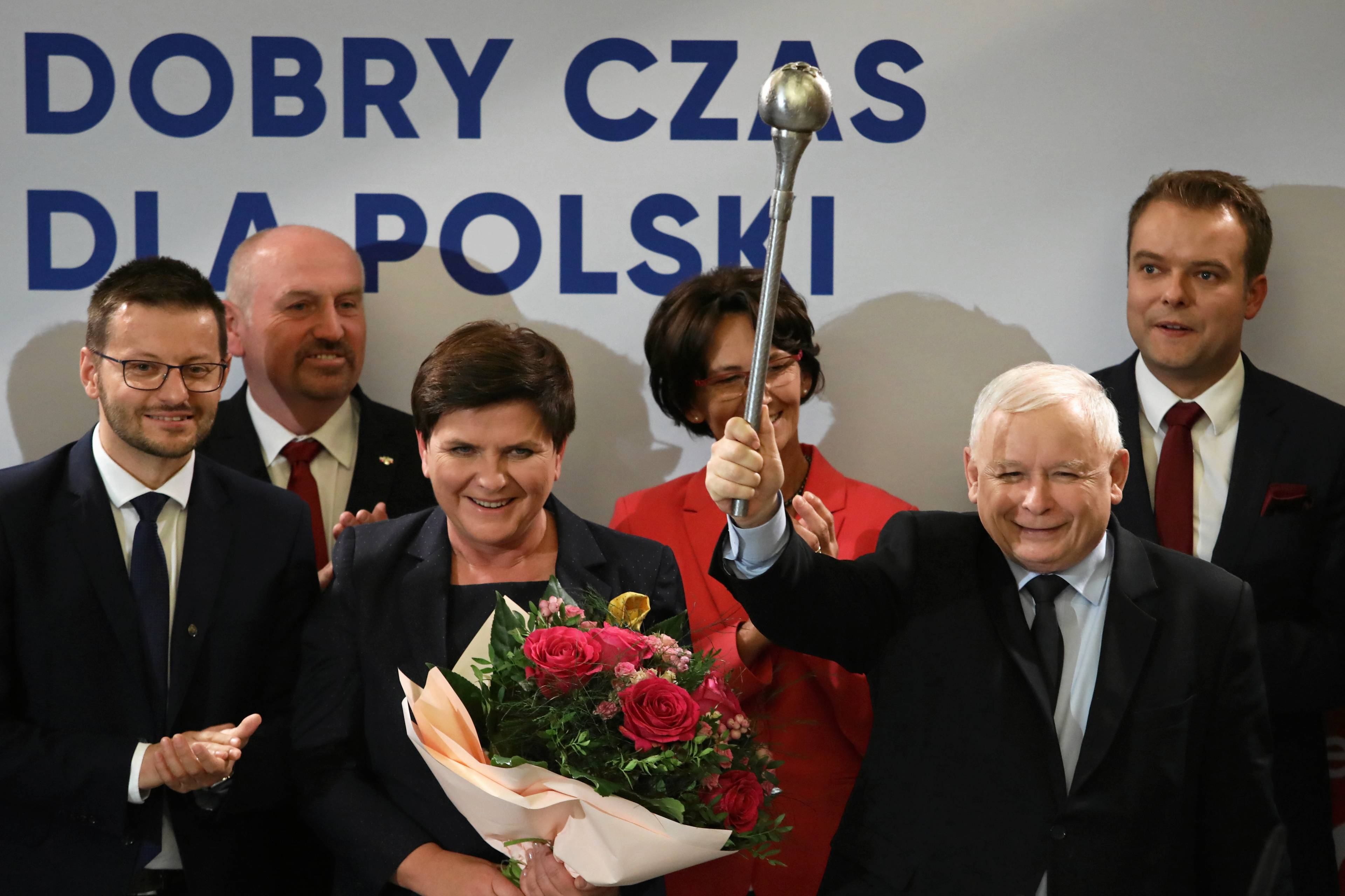 21.09.2019 Wadowice . Bartosz Kalinski , Marek Polak , Beata Szydlo , Prezes PiS Jaroslaw Kaczynski . Konwencja Prawa i Sprawiedliwosci . Fot. Jakub Porzycki / Agencja Gazeta