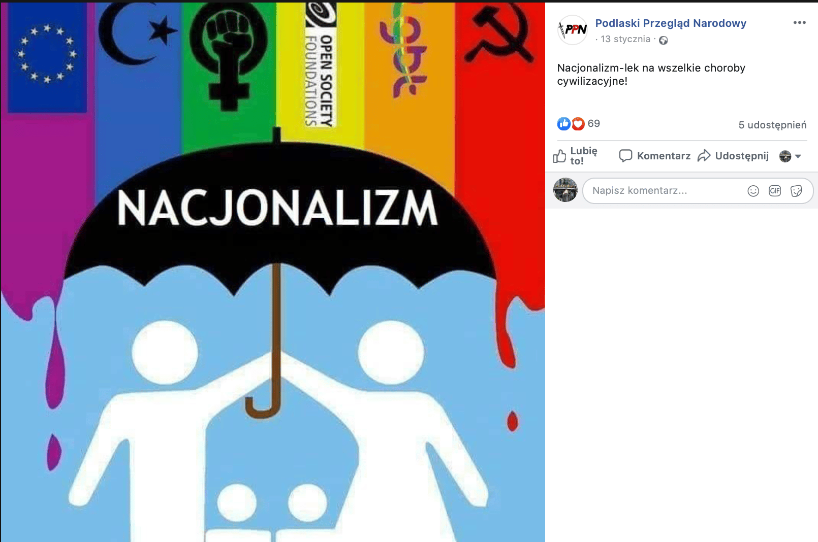 Grafika opublikowana przez Podlaski Przegląd Narodowy przedstawia parasol z napisem „Nacjonalizm” , chroniący piktogram rodziny przed tęczą z m.in. flagą Unii, półksiężycem oraz sierpem i młotem