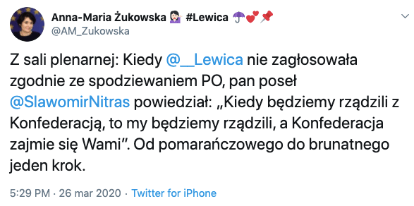 Anna Maria Żukowska, Sławomir Nitras, źródło: Twitter, 26 marca 2020
