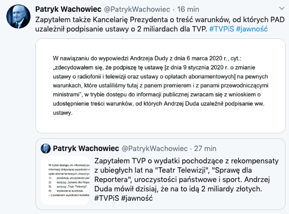 Prawnik Patryk Wachowiec pyta, jakie warunki postawił prezydent Andrzej Duda, podpisując ustawę o prawie 2 mld zł rekompensaty dla mediów państwowych, w tym TVP, 6 marca 2020