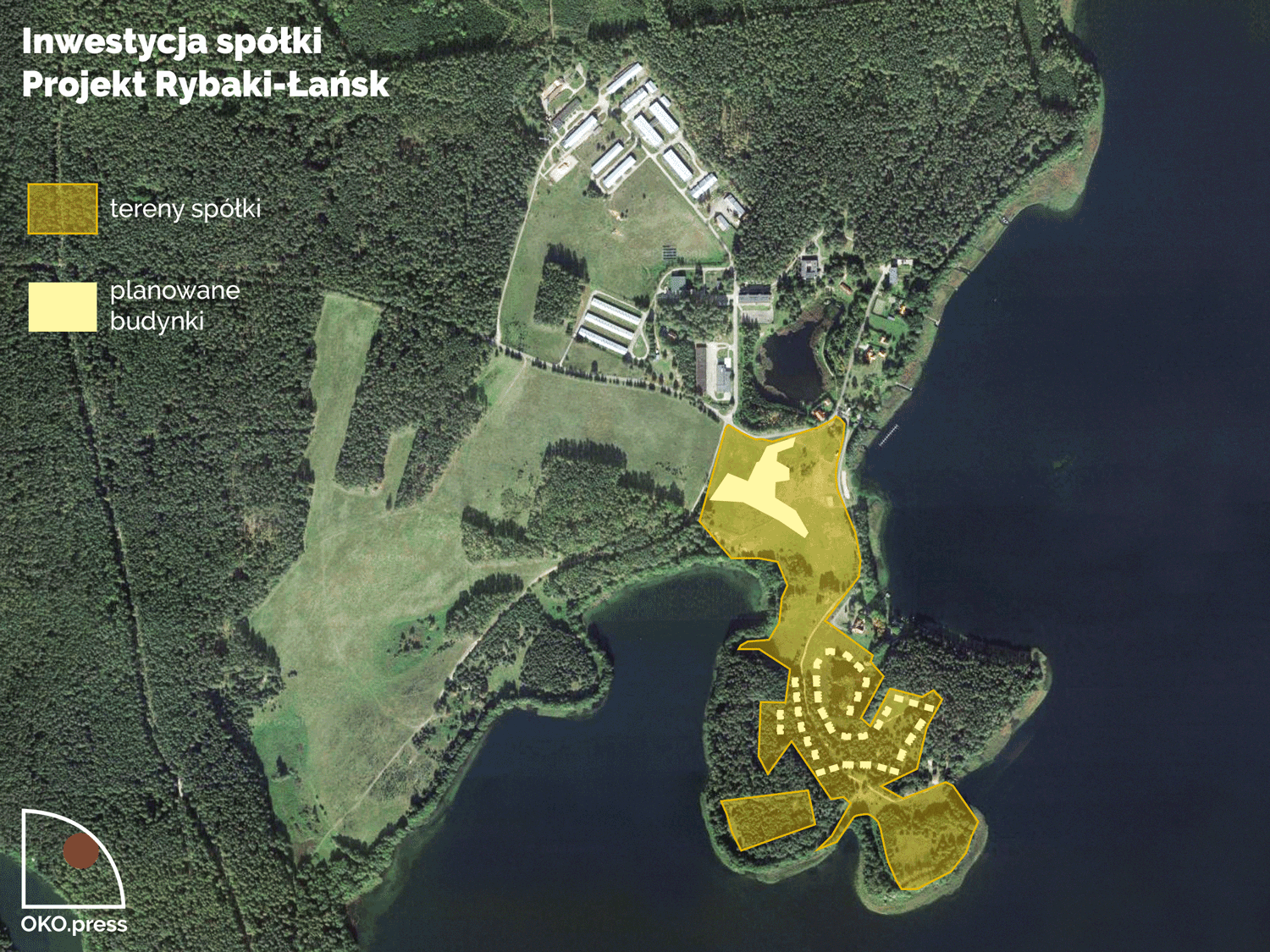 Mapa przedstawiająca przekazane Kościołowi ziemie, które Archidiecezja Warmińska ma wnieść do spółki Projekt Rybaki-Łańsk, mającej wybudować na tym terenie 4-gwiazdkowy hotel.