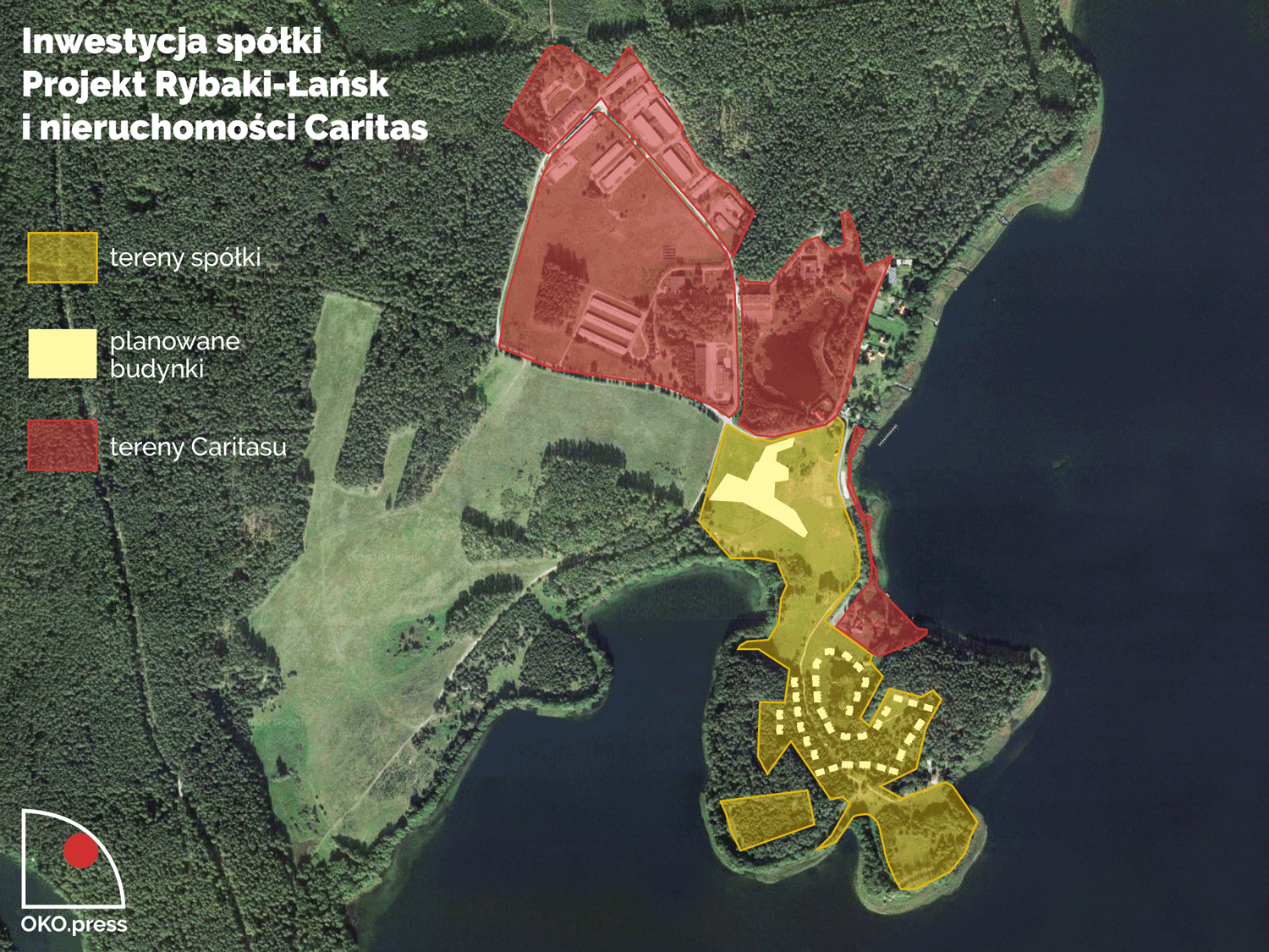 Mapa przedstawiająca przekazane Kościołowi ziemie, które Archidiecezja Warmińska ma wnieść do spółki Projekt Rybaki-Łańsk, mającej wybudować na tym terenie 4-gwiazdkowy hotel oraz tereny przekazane Caritas warmińskiej za poprzednich rządów PiS..