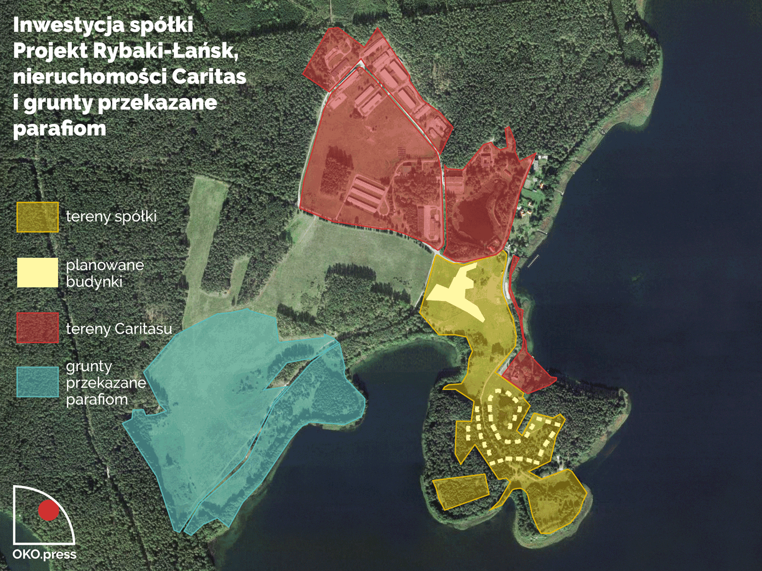 Mapa przedstawiająca przekazane Kościołowi ziemie, które Archidiecezja Warmińska ma wnieść do spółki Projekt Rybaki-Łańsk, mającej wybudować na tym terenie 4-gwiazdkowy hotel, kolejne państwowe ziemie przekazane parafiom oraz tereny przekazane Caritas warmińskiej za poprzednich rządów PiS.