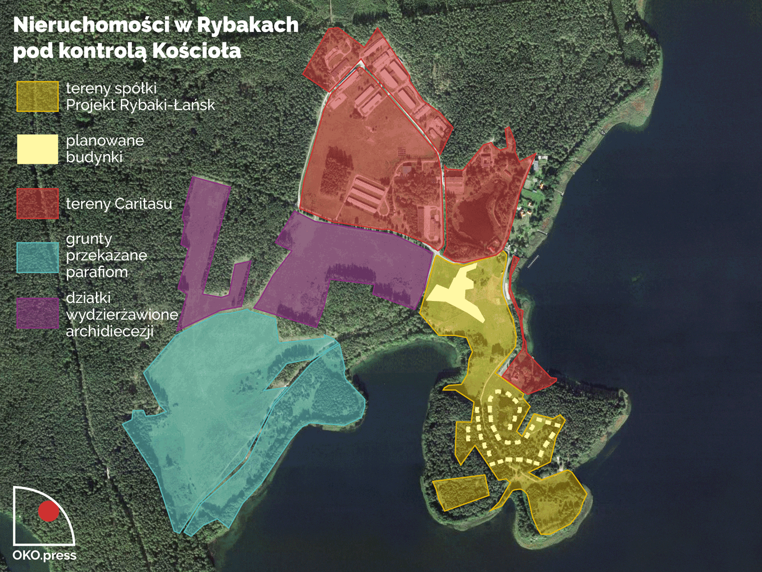 Mapa przedstawia wszystkie ziemie w Rybakach, będące pod kontrolą Kościoła.